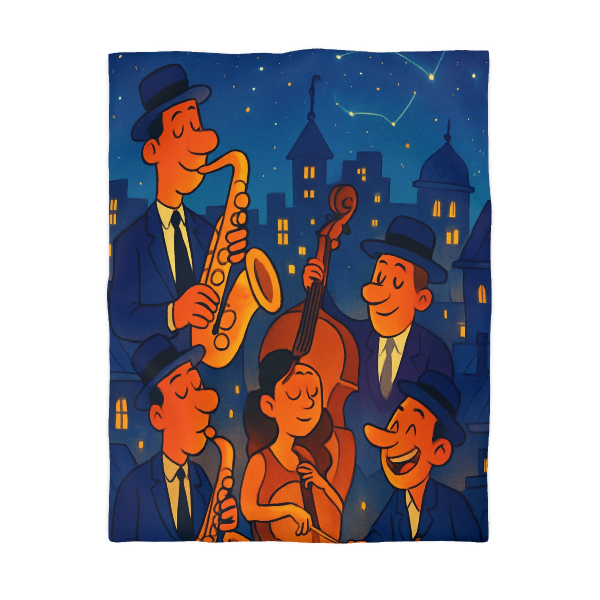 Housse de Couette pour Passionnés de Jazz avec Musiciens et Ciel Étoilé Vibrant
