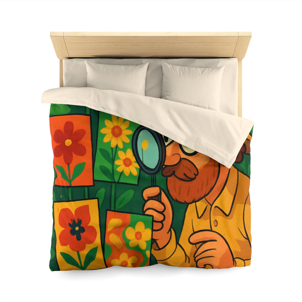 Housse de couette florale colorée avec botaniste examinant des illustrations en pleine nature