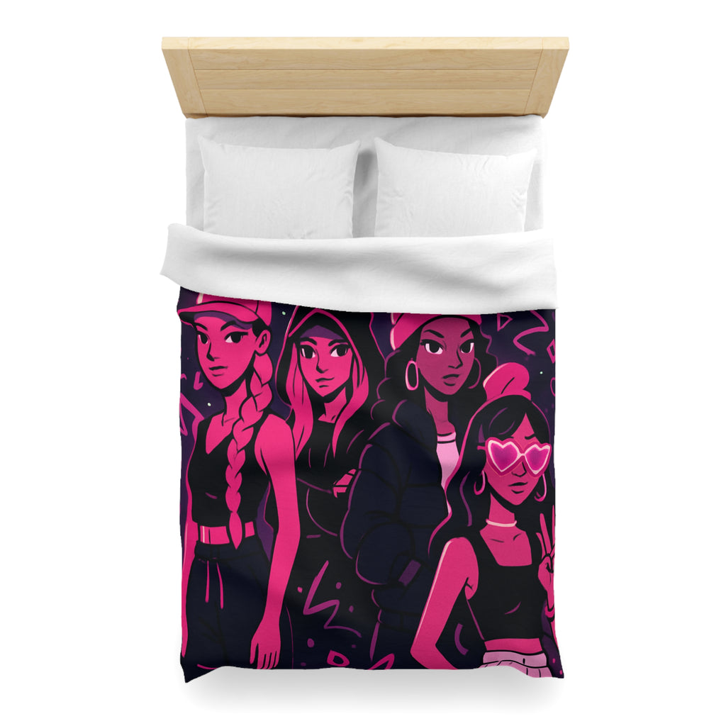 Housse de couette urbaine avec silhouettes féminines et motifs fluorescents nuit étoilée