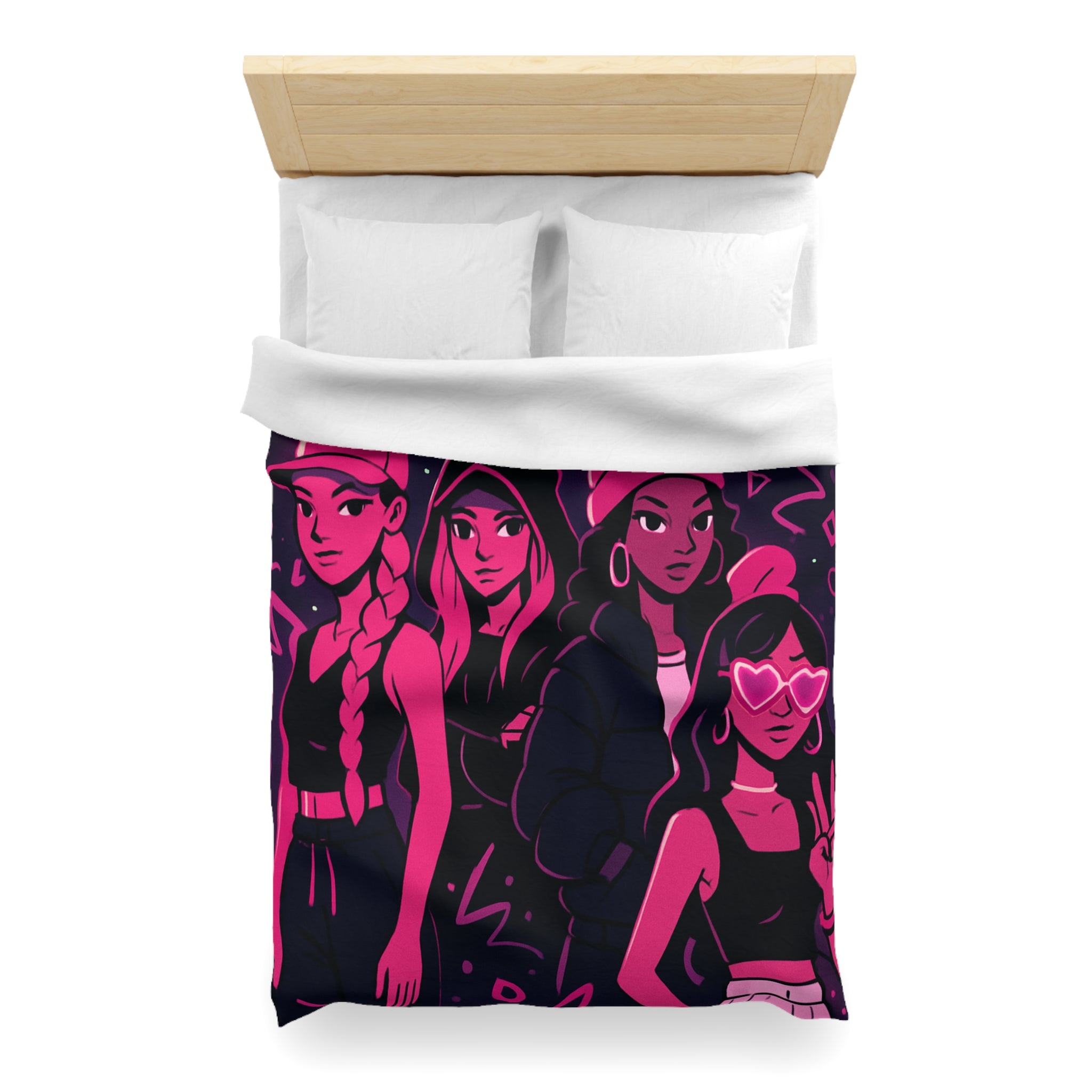 Housse de couette urbaine avec silhouettes féminines et motifs fluorescents nuit étoilée