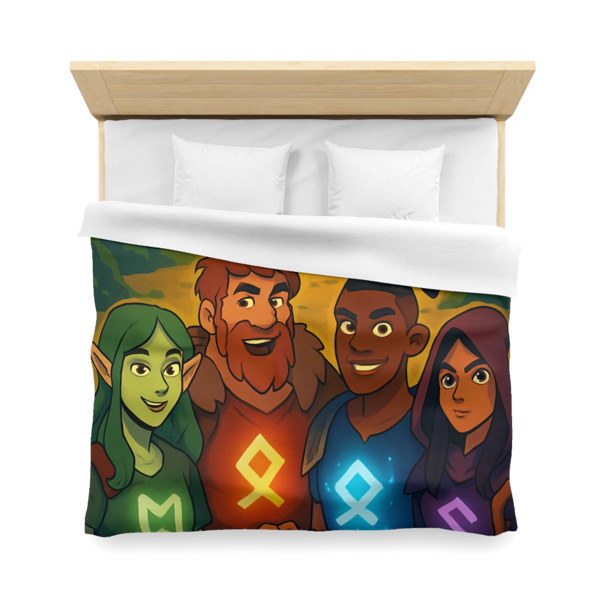 Housse de couette vibrant avec aventure illustrée de quatre héros devant un ancien temple