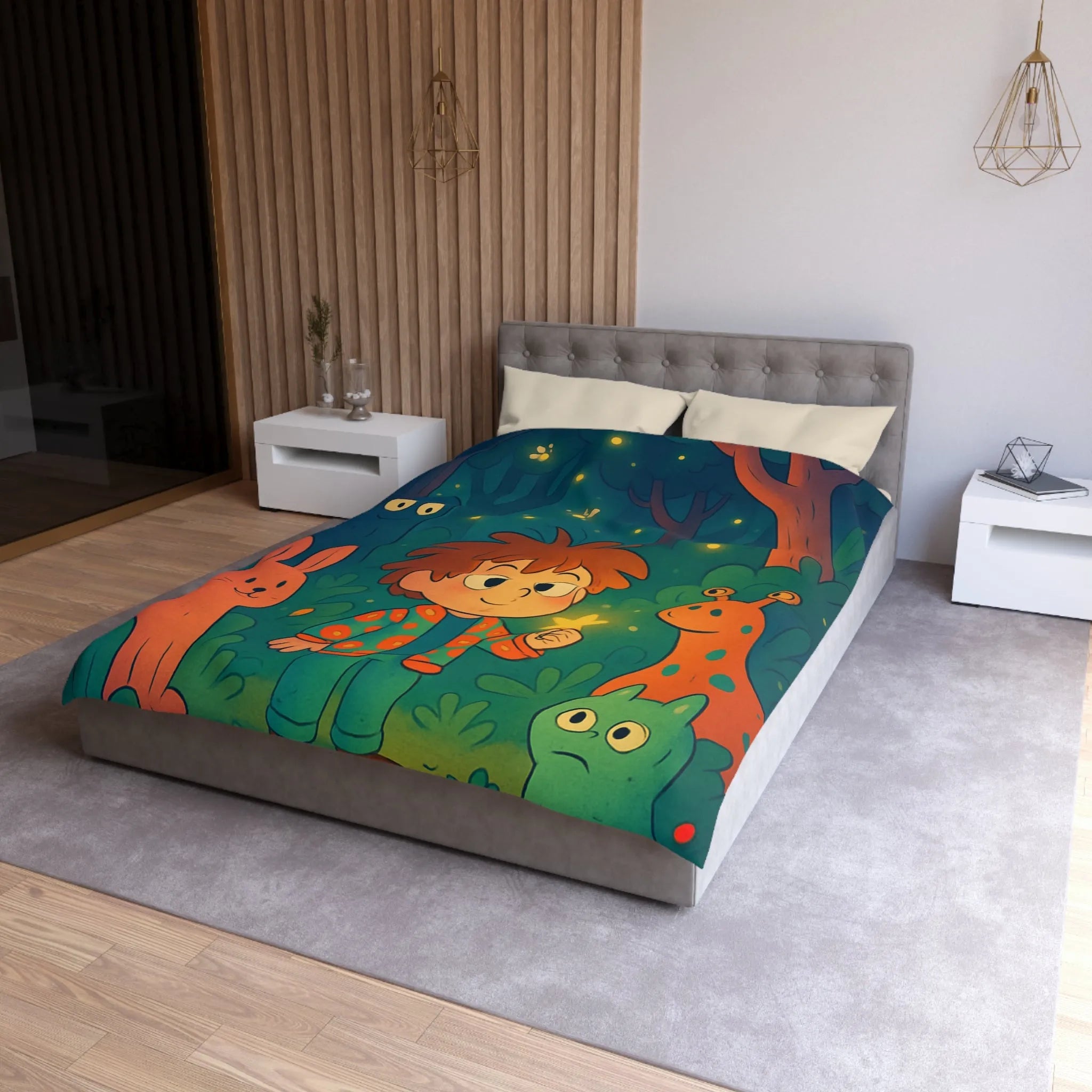 Housse de couette colorée forêt enchantée dessin animé, enfants et animaux magiques