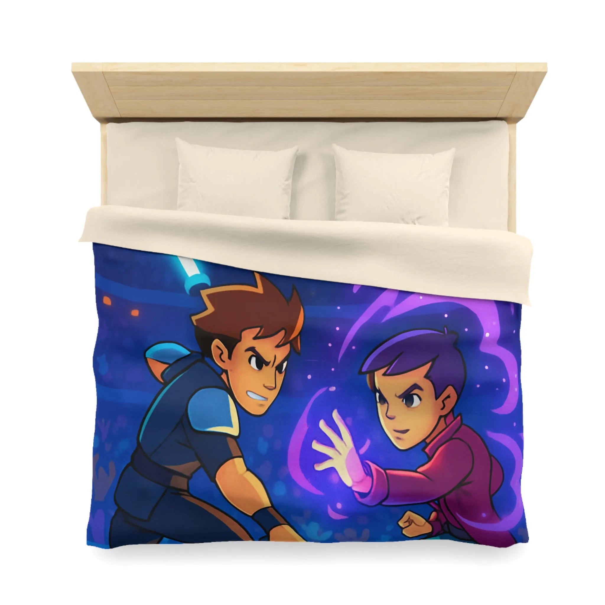 Housse de Couette Enfant Design Combat Futuriste avec Épées Laser et Pouvoirs Magiques