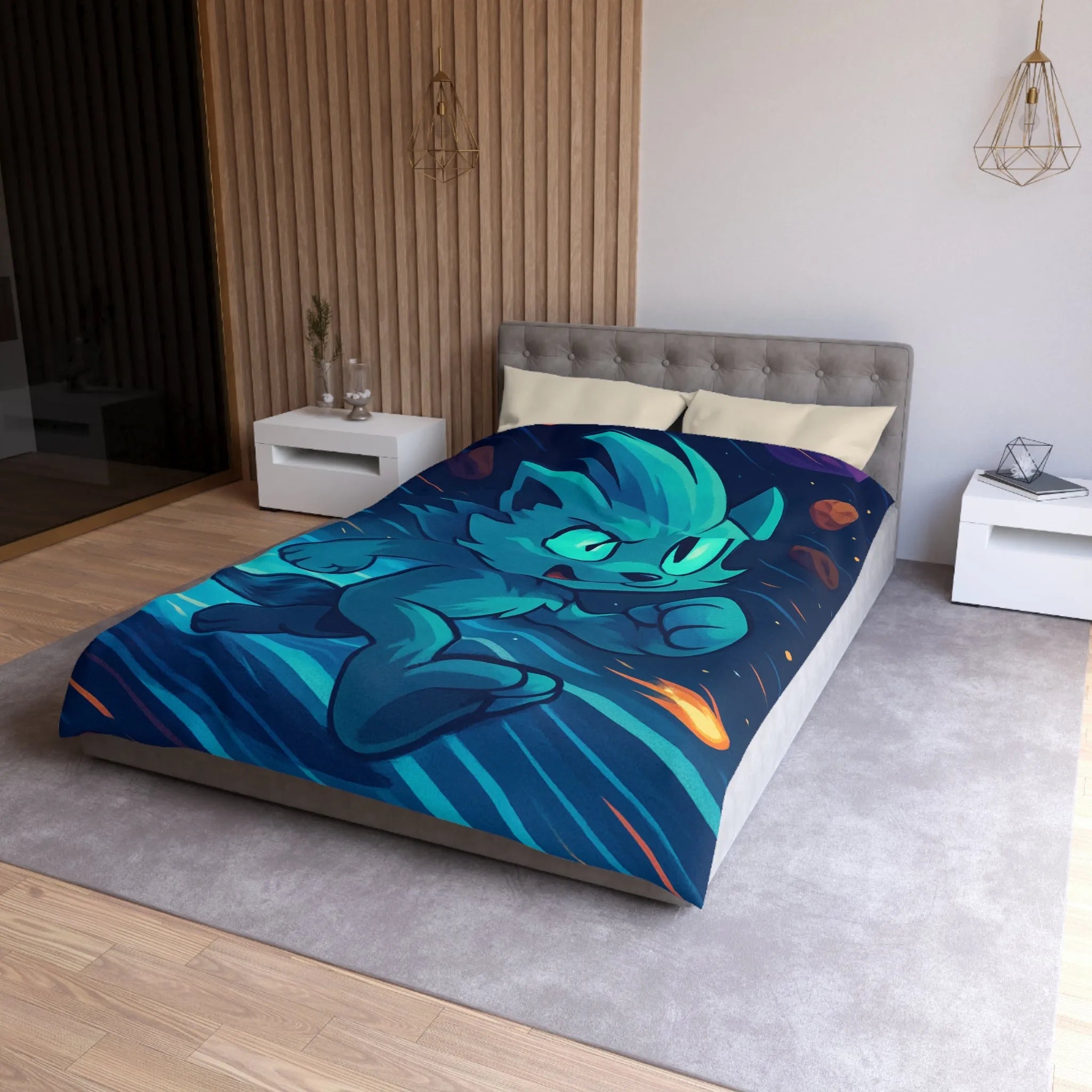 Housse de couette enfant abyss style spatial avec chat bleu comète et planète violette