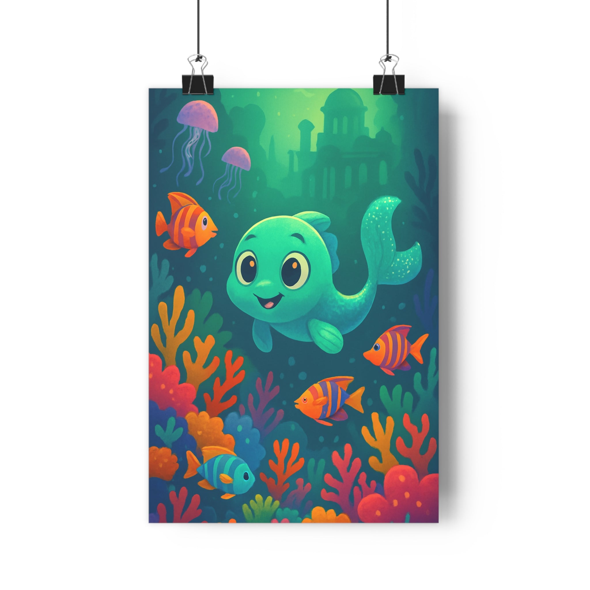 Poster décoratif enchanteur sousmarin coloré mystique joyeux chambre enfant corail poisson magique créatif lumineux