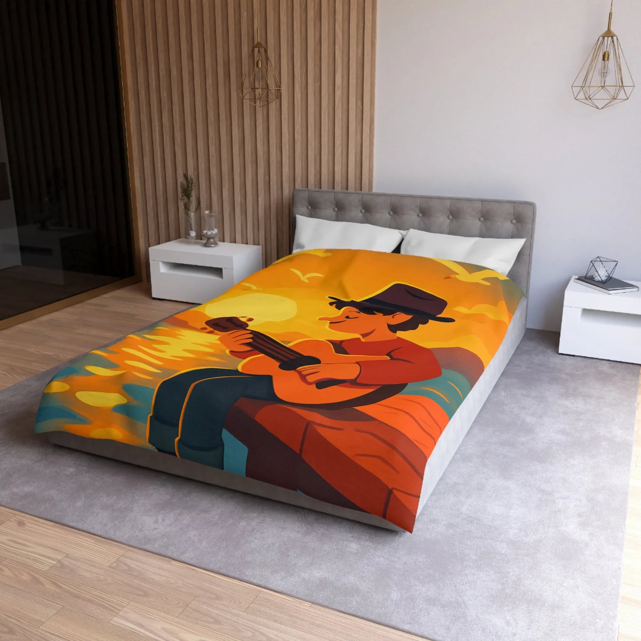 Housse de couette avec illustration relaxante d'un coucher de soleil et musicien