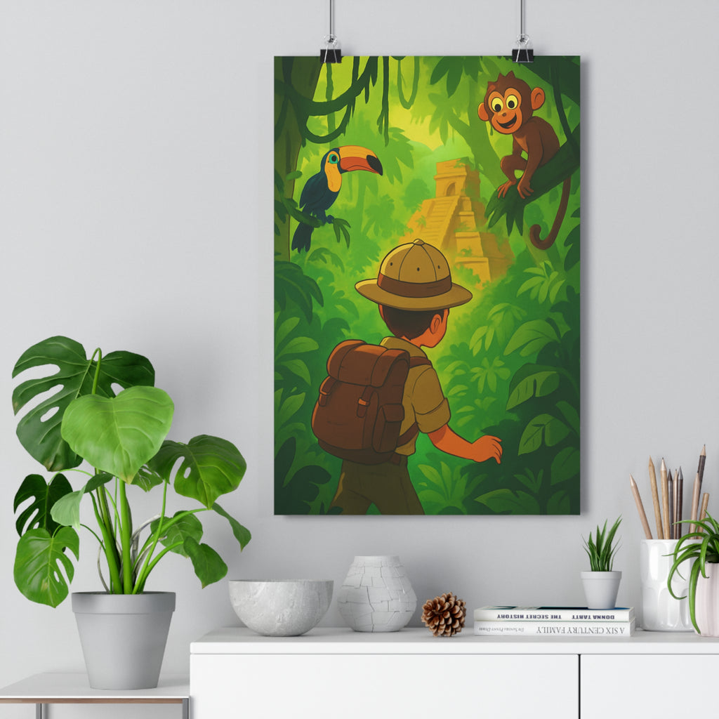 Poster décoratif dessin animé jungle aventure verte joyeuse chambre enfant nature exploration exotique exploration