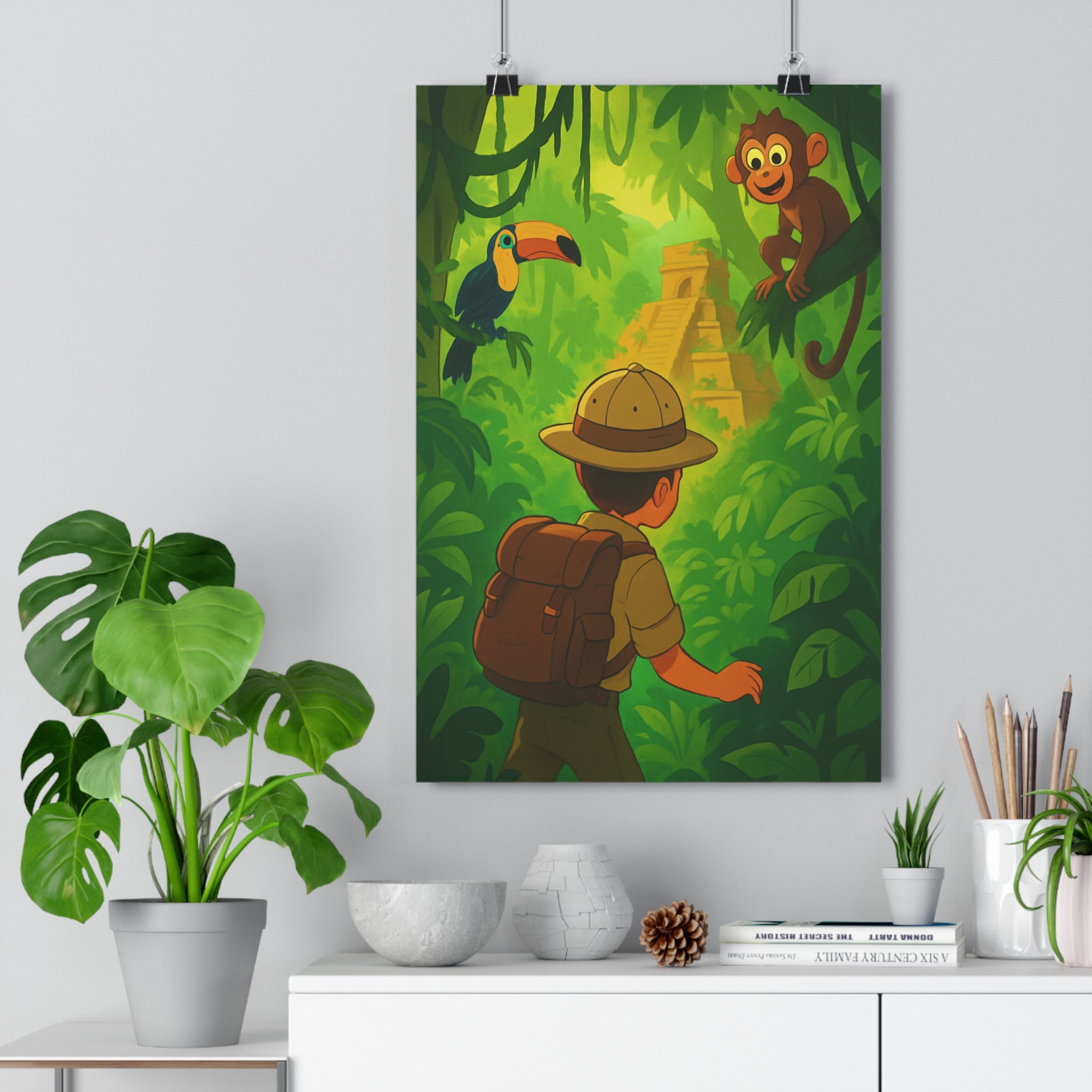 Poster décoratif dessin animé jungle aventure verte joyeuse chambre enfant nature exploration exotique exploration