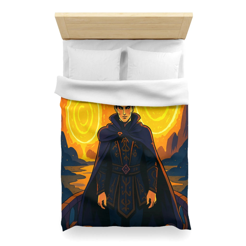 Housse de couette fantastique avec sorcier et portails lumineux dans paysage nocturne magique