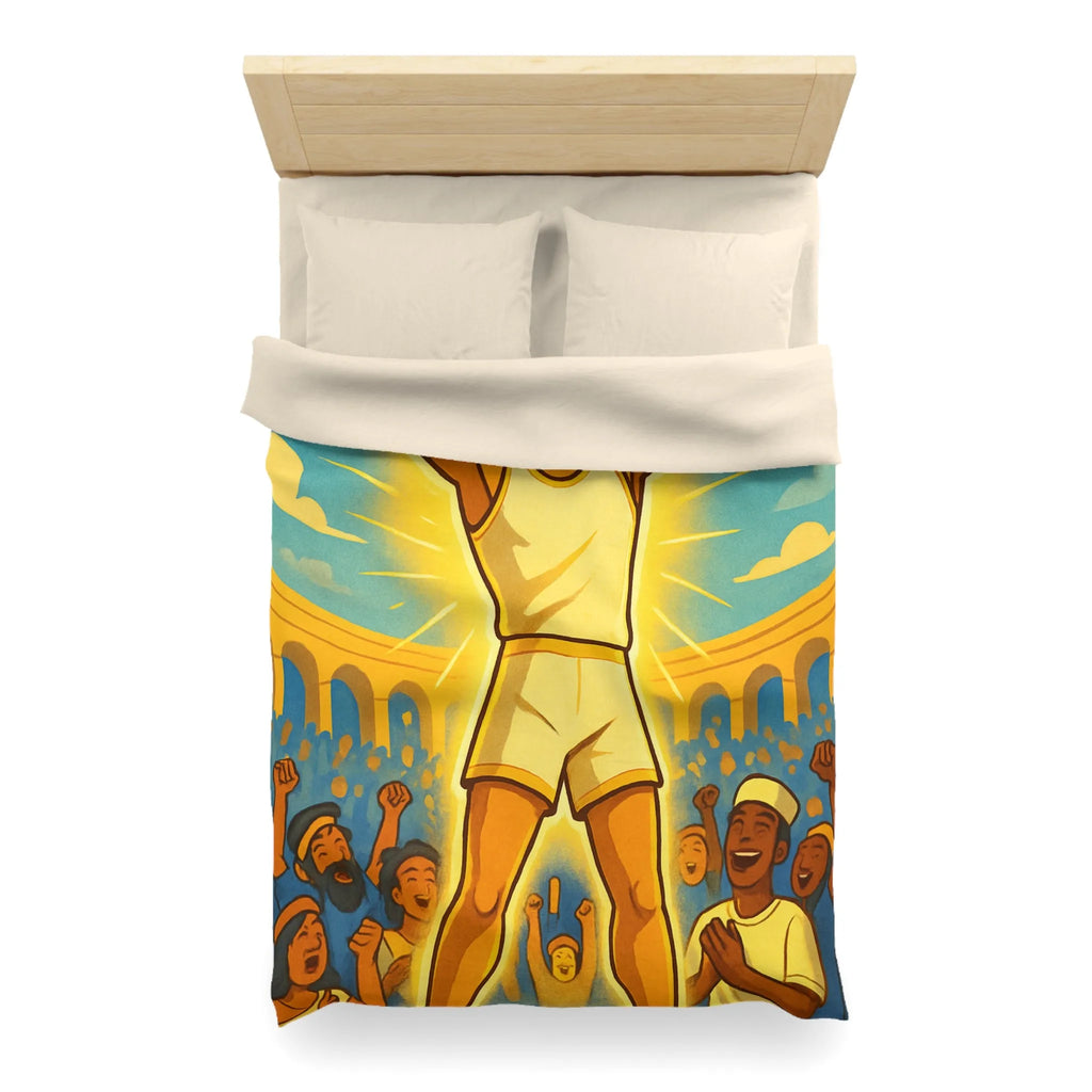 Housse de couette lumineuse avec athlète triomphant dans une arène ensoleillée vibrante