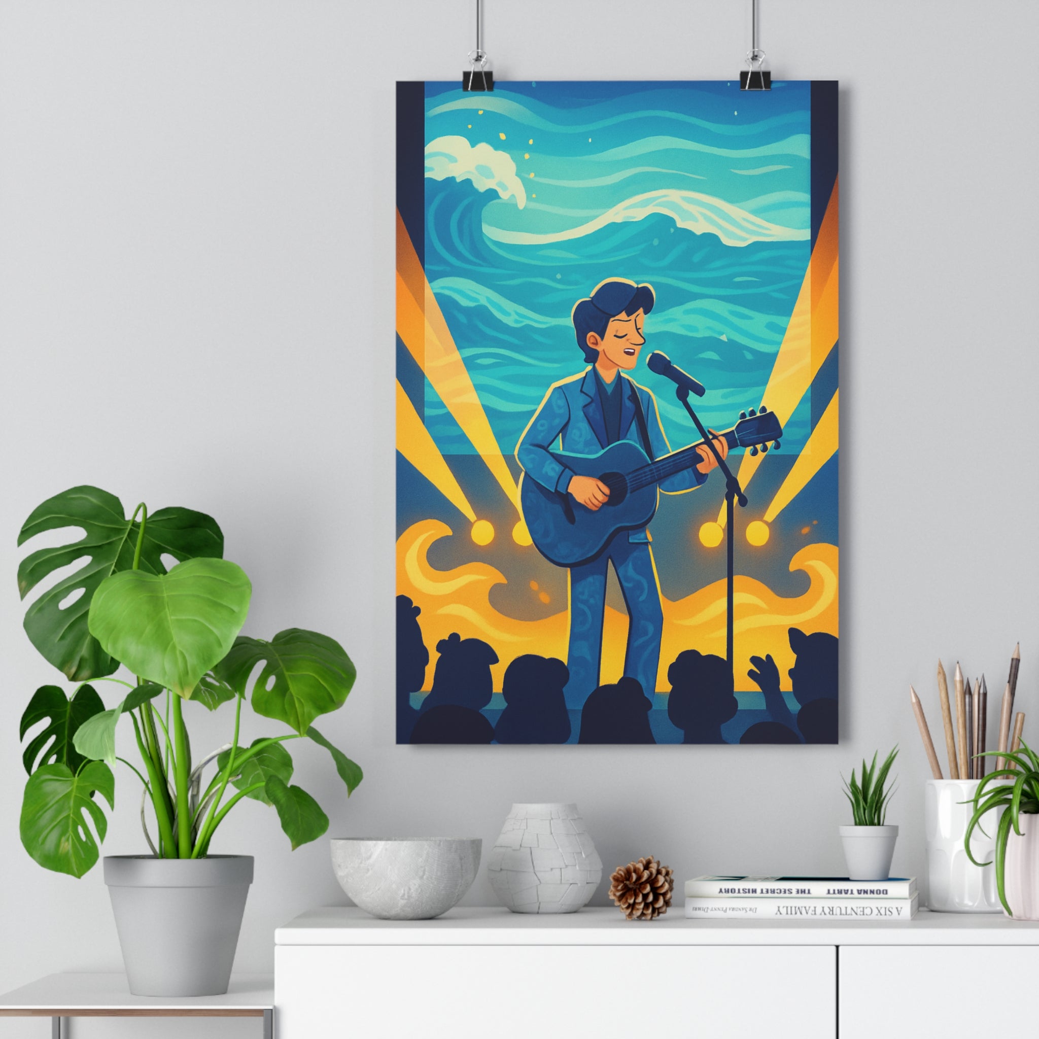 Poster décoratif musical bleu argenté moderne ambiance concert salon chambre vibrant 30x46 cm artistique