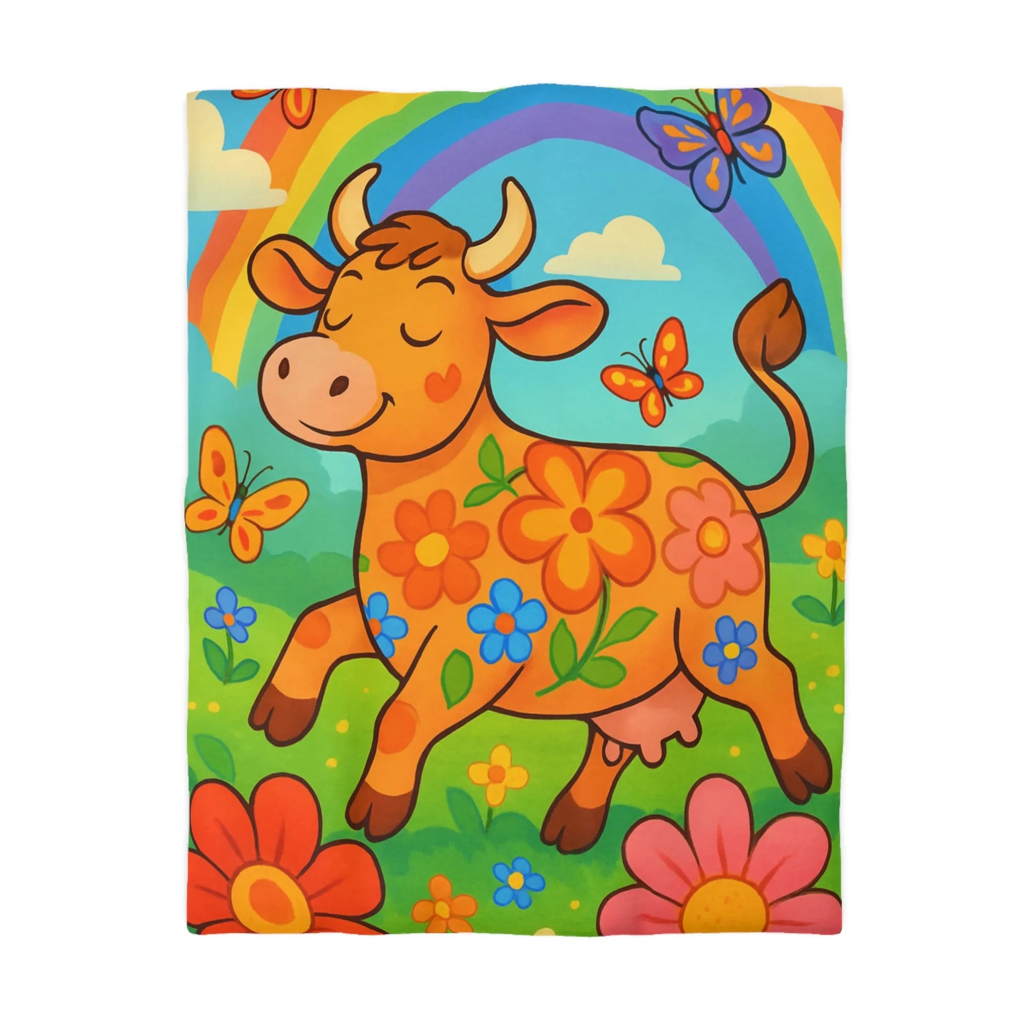 Housse de Couette Enfant Joyeuse Vache Orange Sous Arc-en-Ciel et Papillons Colorés