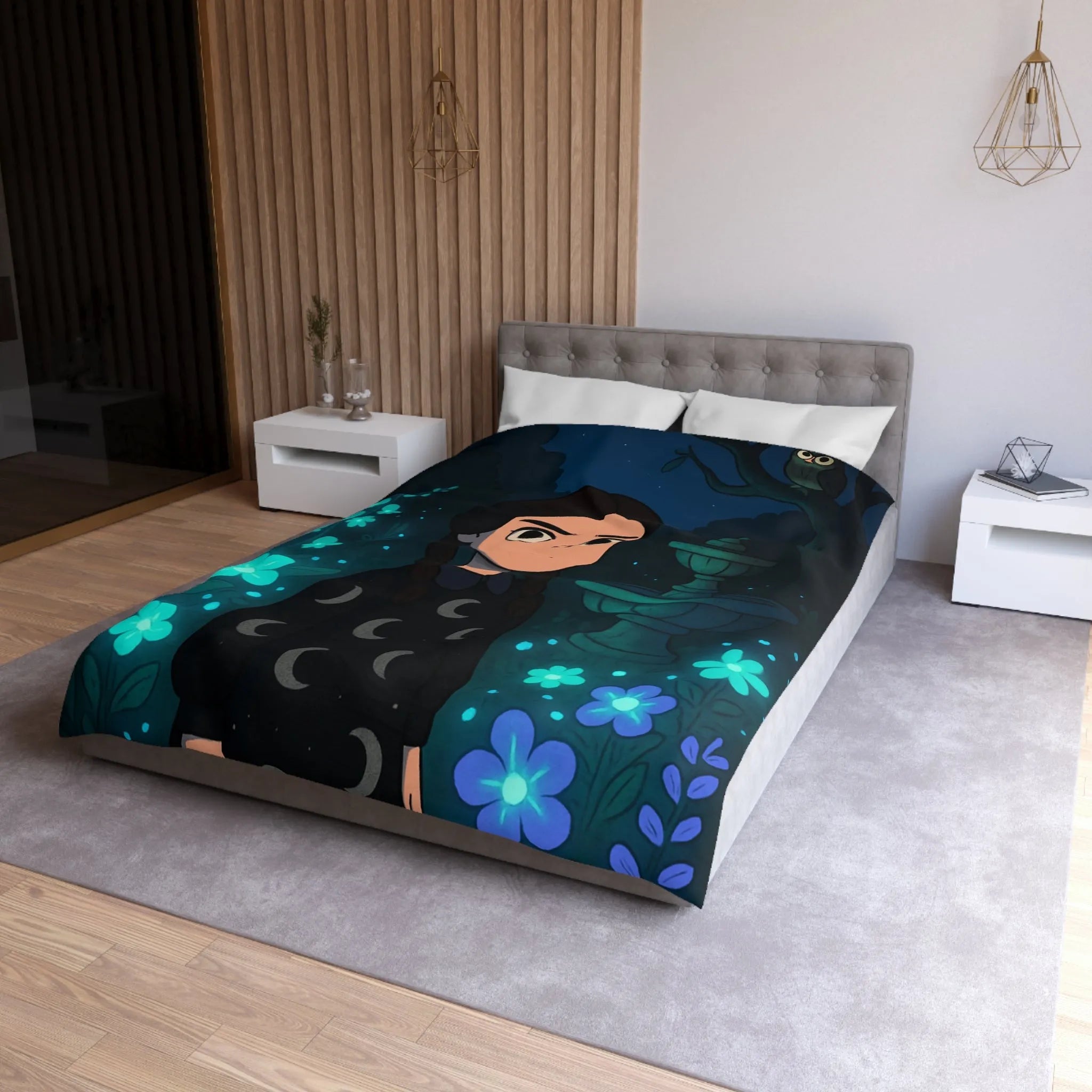 Housse de Couette Enfantine avec Motif Lune et Fleurs naturellement Nocture