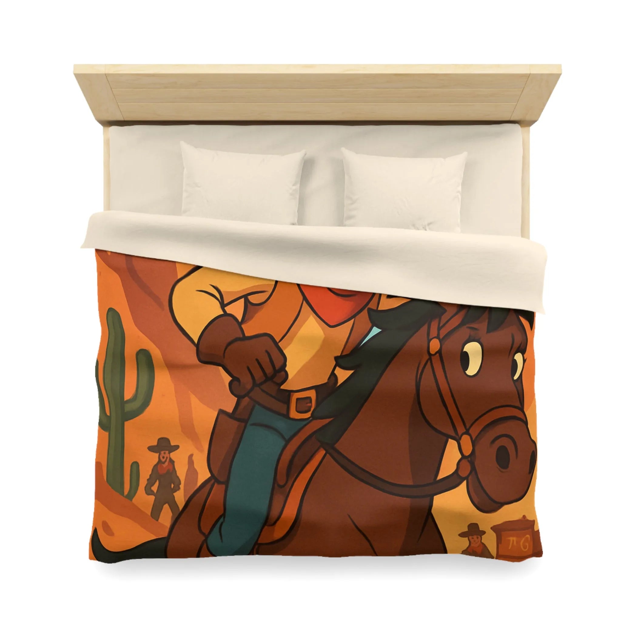Housse de couette avec cavalier de dessin animé dans paysage désertique occidental