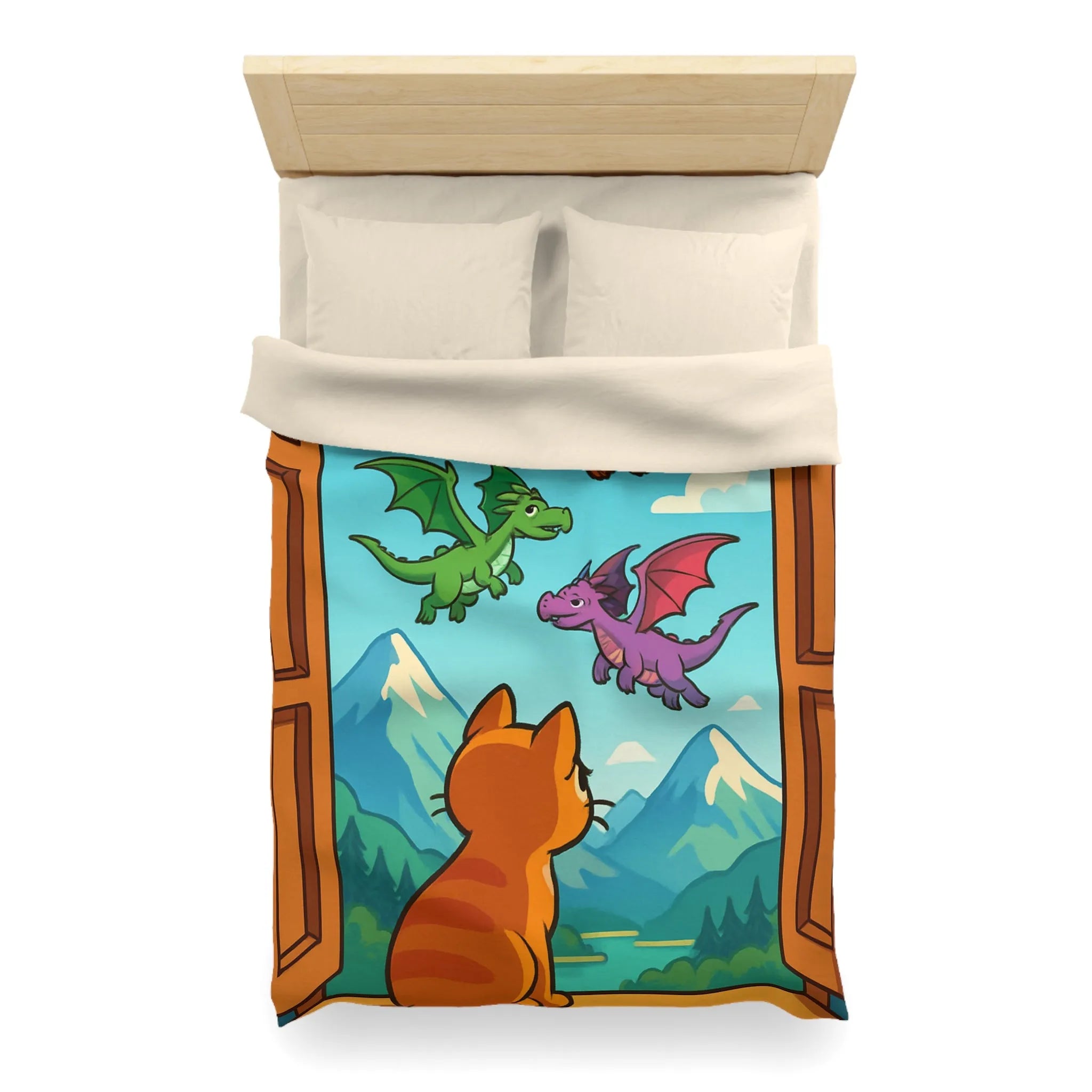 Housse de couette fantaisie avec chat orange et dragons colorés sur fond montagneux