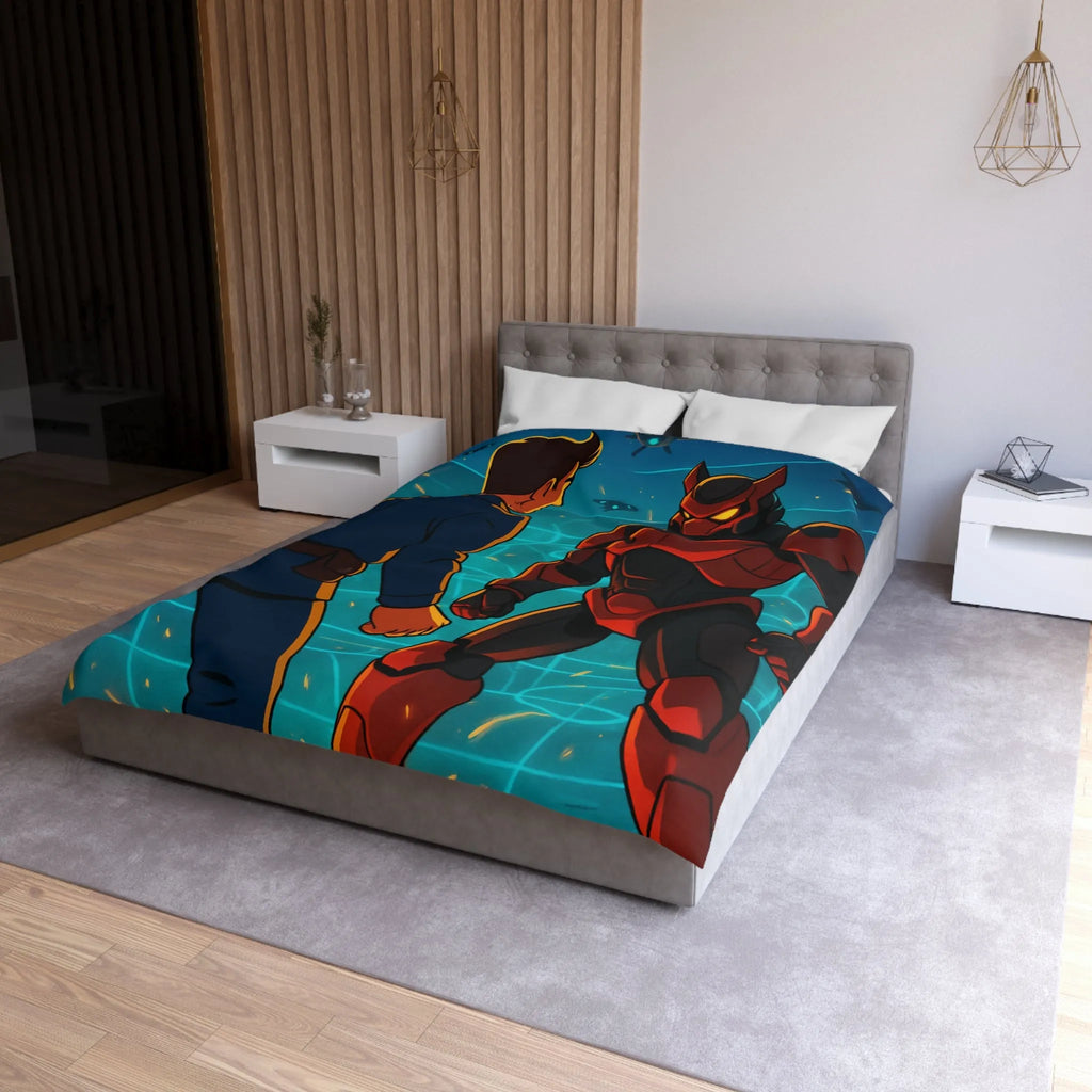 Housse de Couette avec Design Futuriste de Robot et Personnage en Armure Rouge