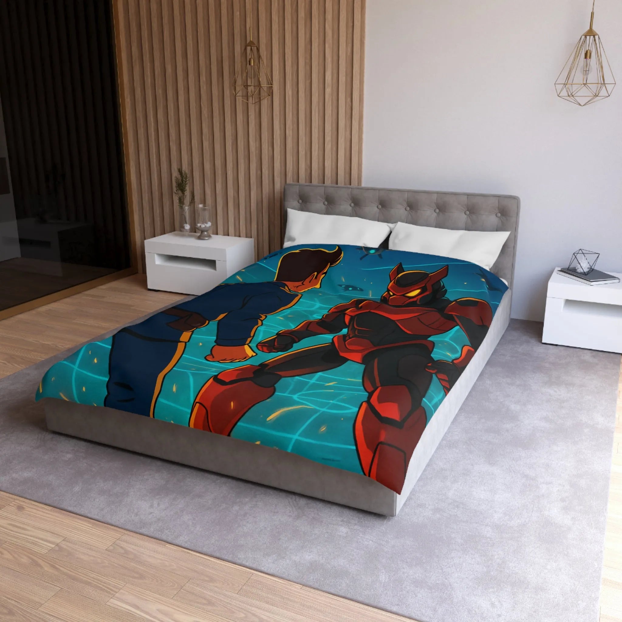 Housse de Couette avec Design Futuriste de Robot et Personnage en Armure Rouge