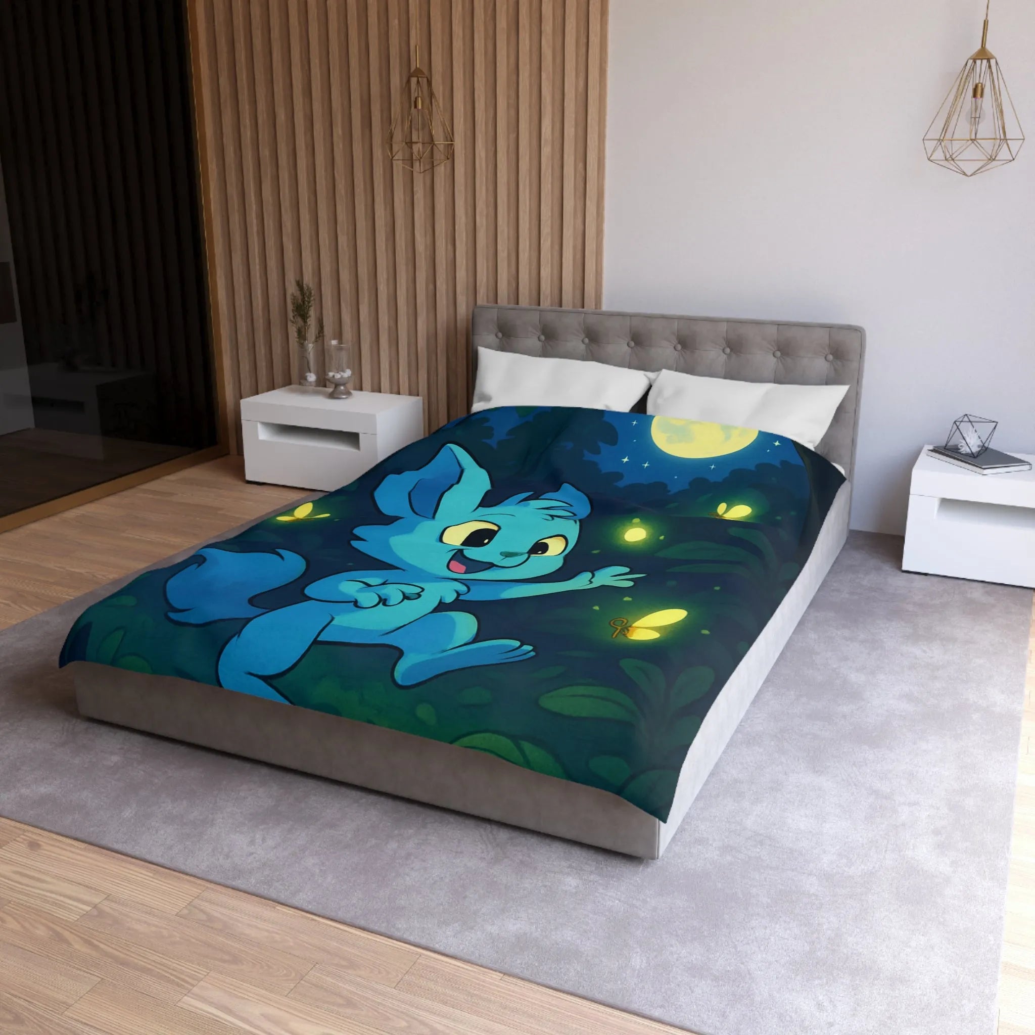 Housse de couette enfantine décorée avec lapin bleu et lucioles sous lune brillante