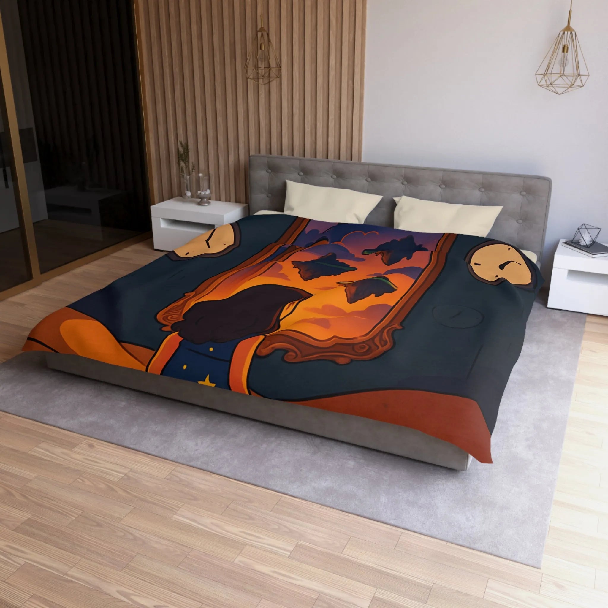 Housse de couette magique: paysage flottant, horloges rêveuses et fille contemplative