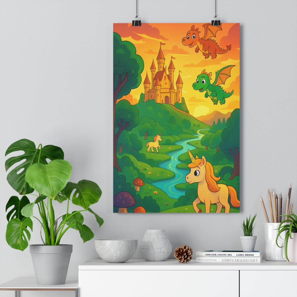 Poster décoratif paysage cartoon château dragons licorne colline forêt joyeux enfant magique vibrant qualité