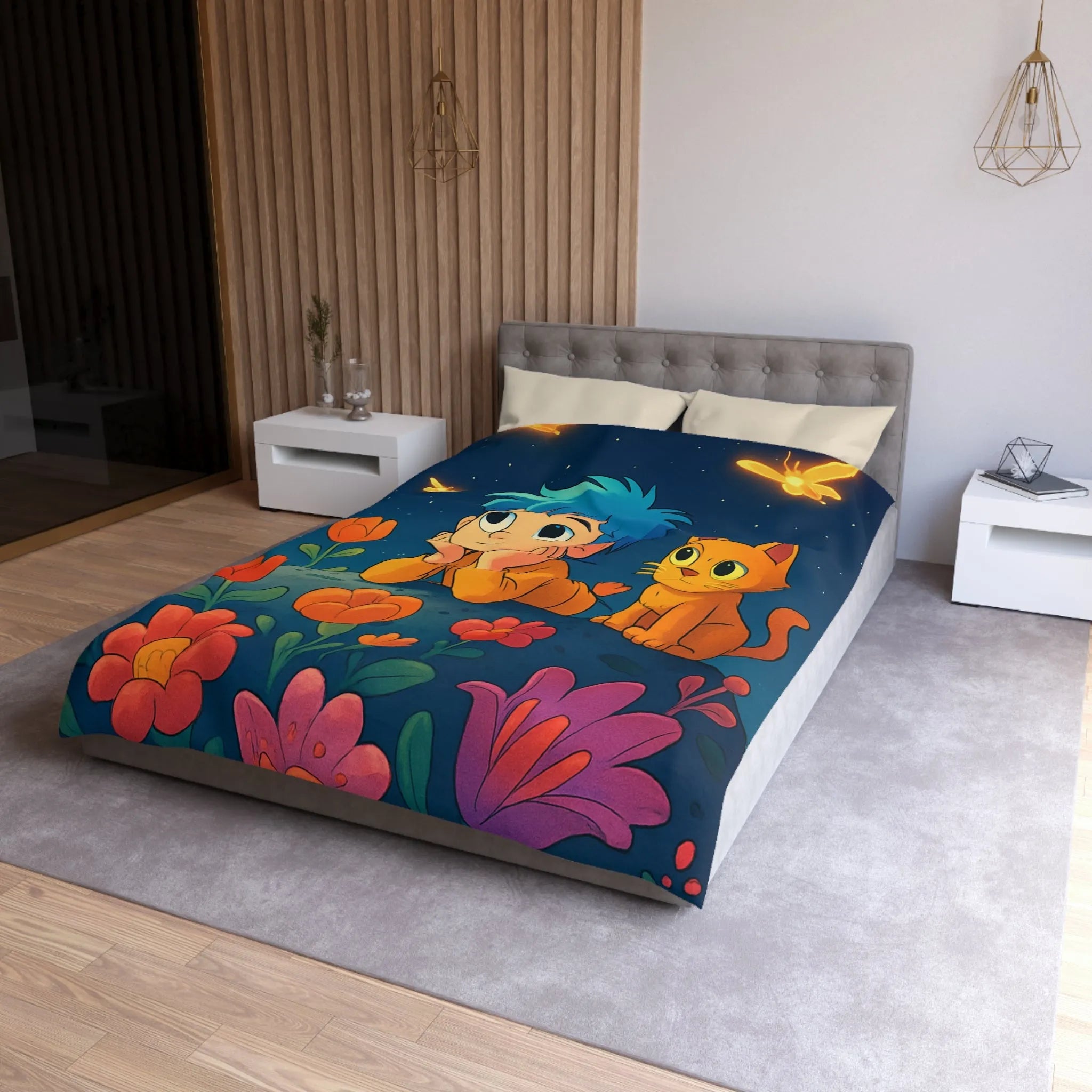 Housse de Couette Enfant Émerveillé Observant Papillons Lumineux sous Ciel Étoilé