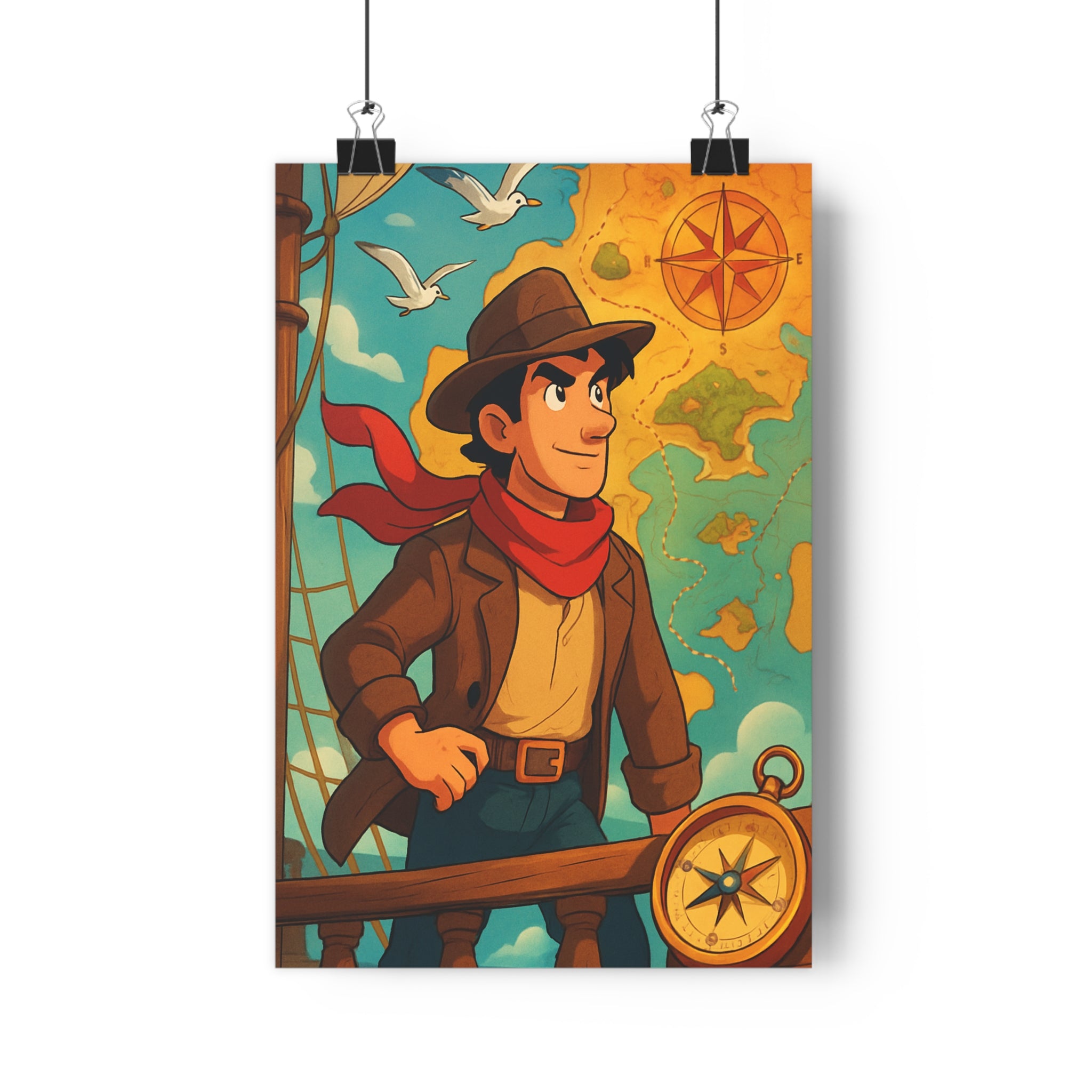 Poster décoratif cartoon aventurier océan bleu jaune aventure chambre salon enfants bureau dynamique qualité