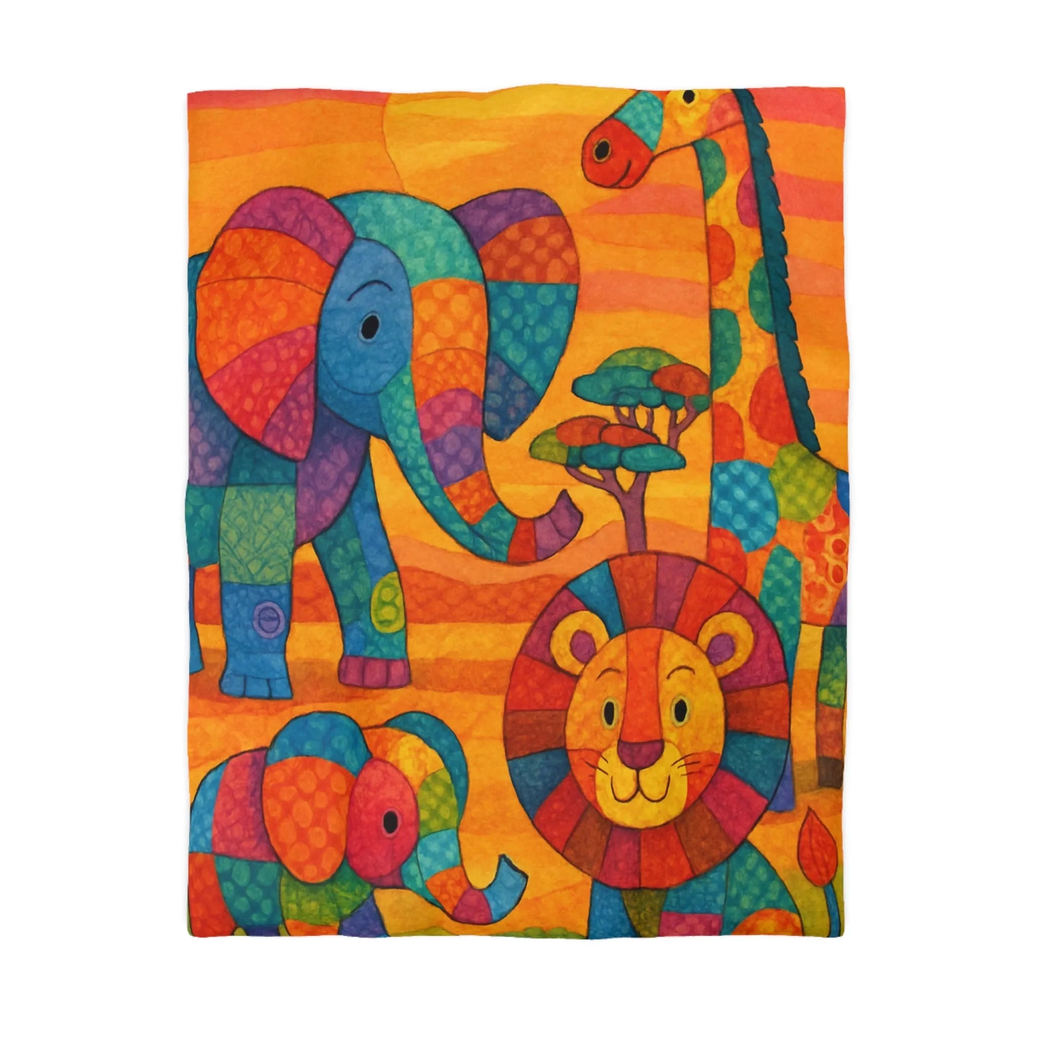 Housse de couette colorée avec éléphants, girafe et lion en style patchwork