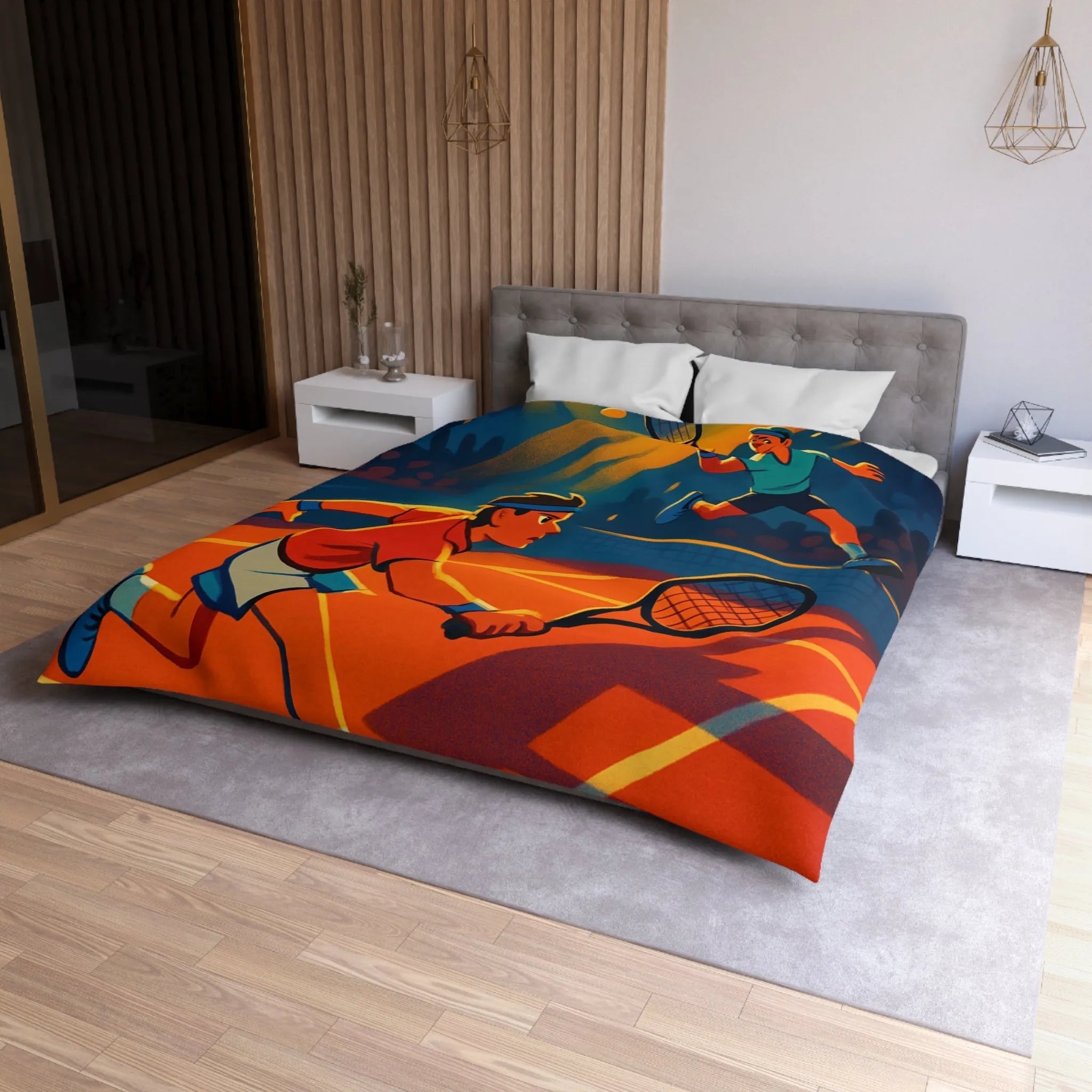 Housse de couette dynamique illustrant un match de tennis intense sous projecteurs éclatants