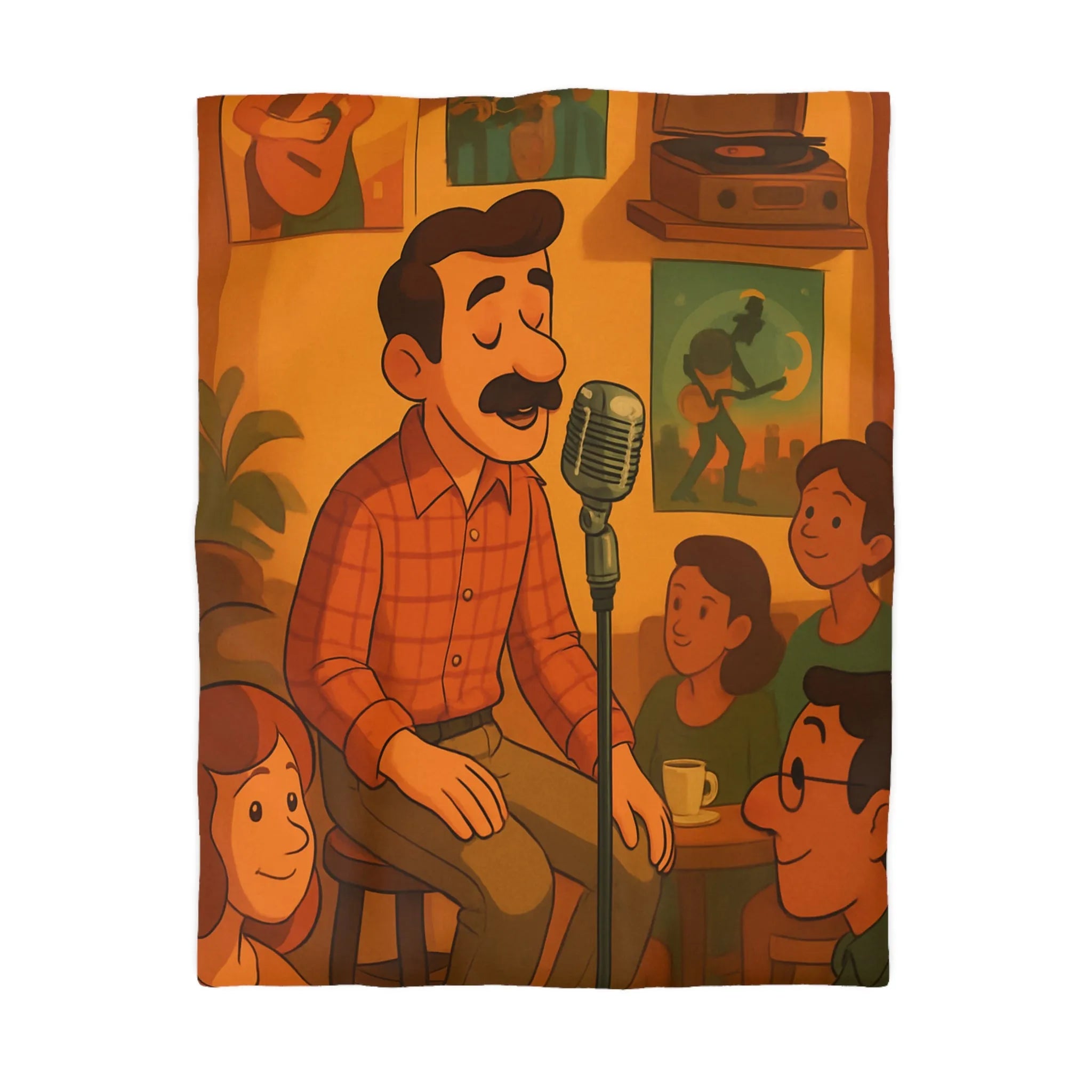 Housse de couette au design rétro avec scène musicale chaleureuse pour ambiance vintage