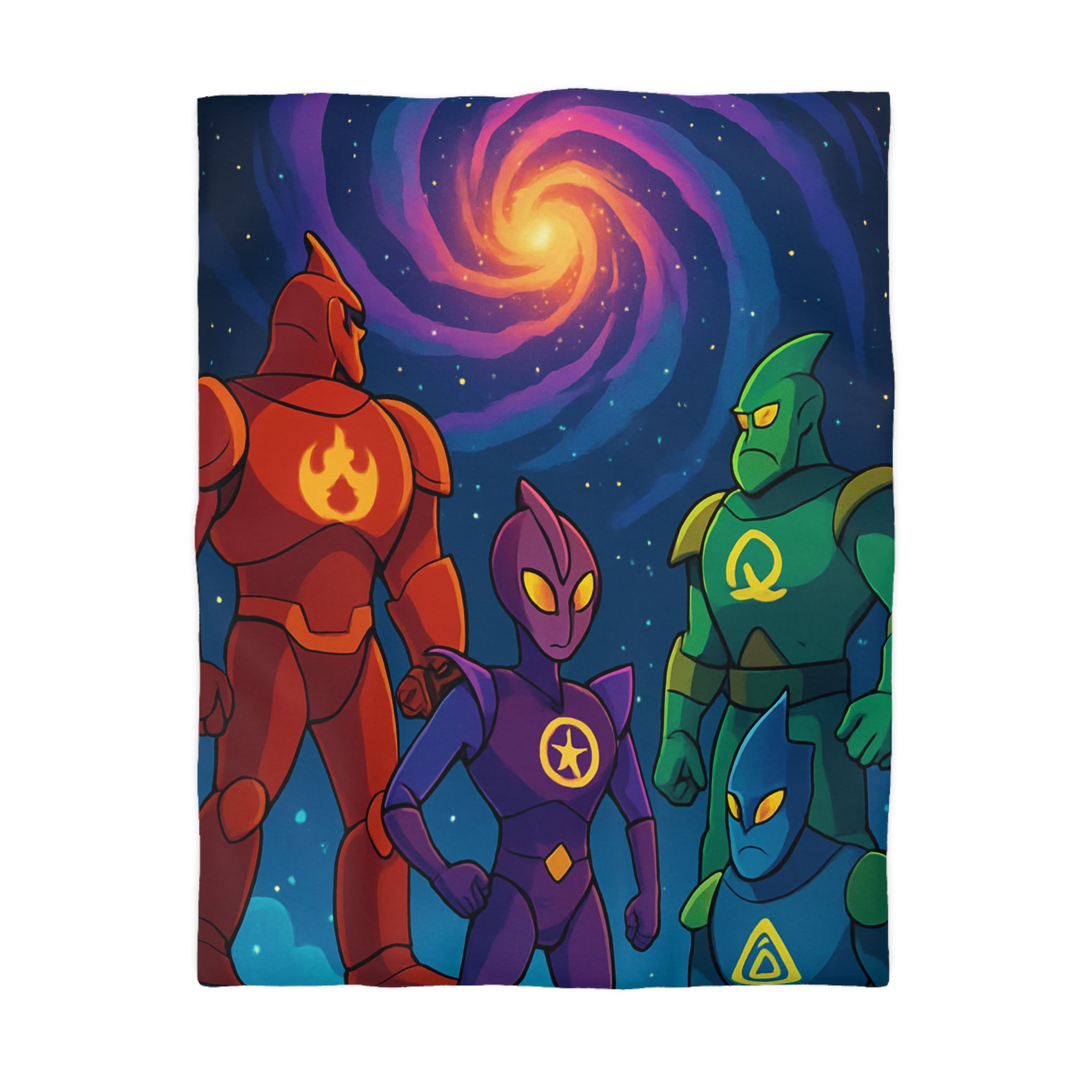 Quatre super-héros colorés avec une galaxie lumineuse, scène de science-fiction