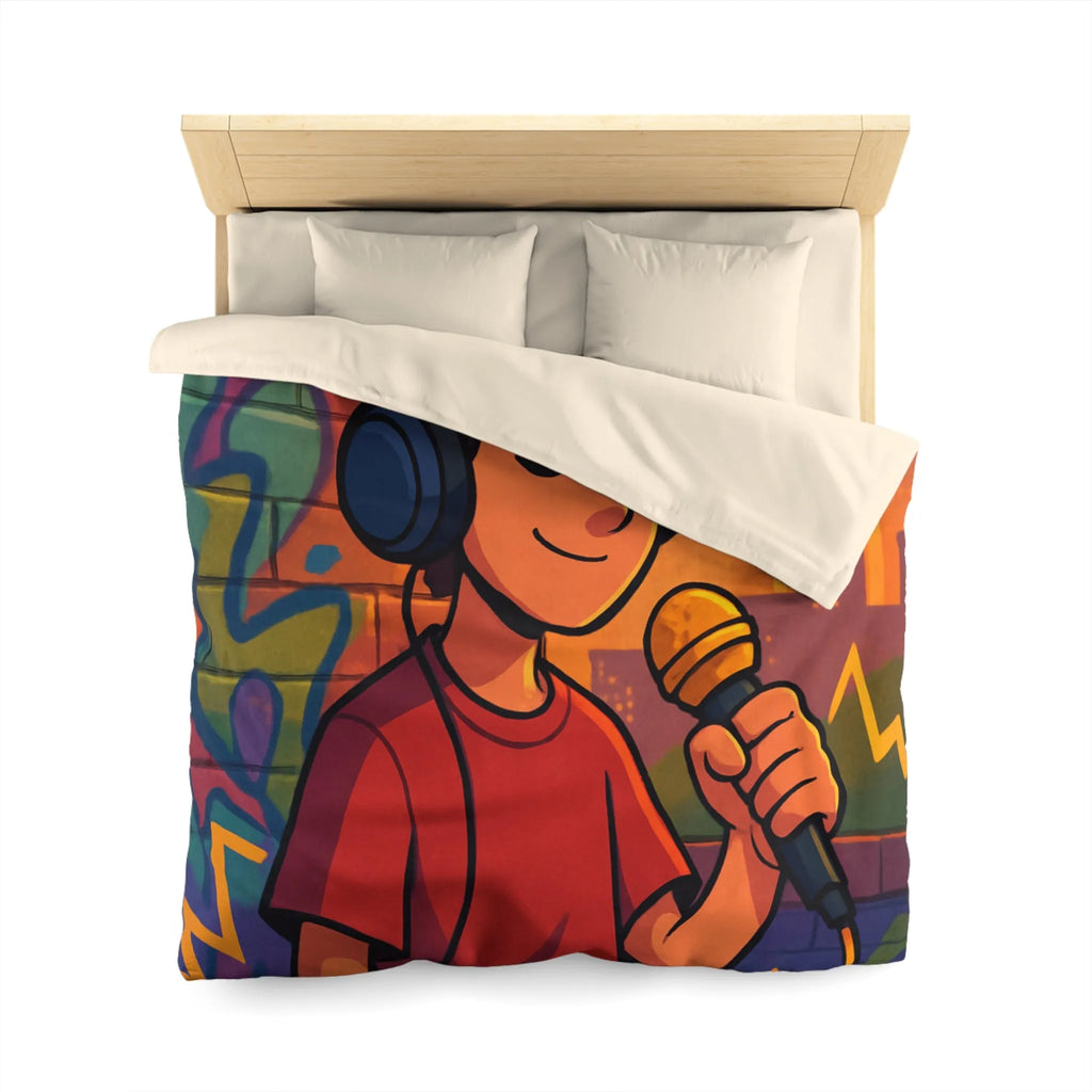 Housse de couette graphique urbaine avec chanteur et microphone sur fond coloré