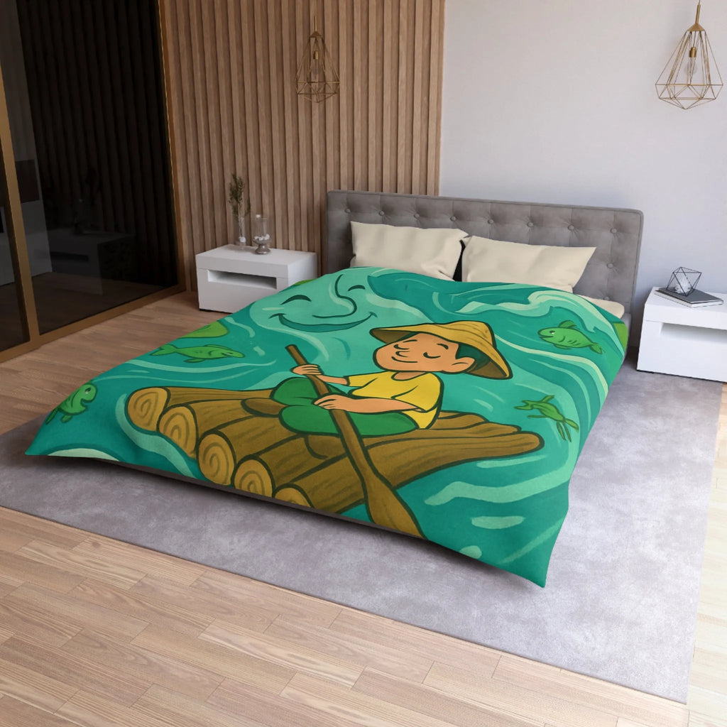 Housse de Couette Enfant avec Illustration Rêveuse de Rivière et Pêcheur Heureux