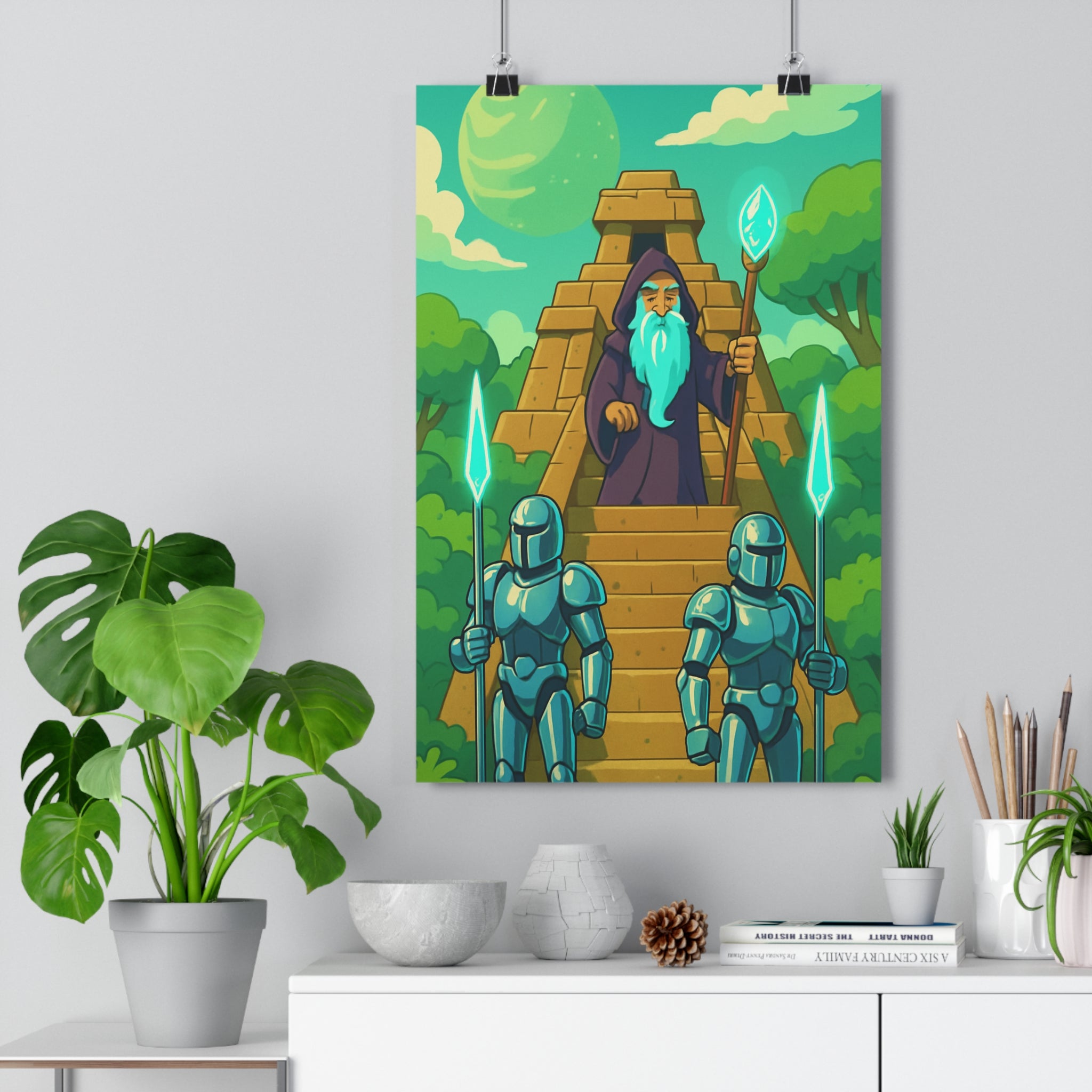 Poster décoratif mystique vert émeraude temple ancien personnage lumineux gardiens robotiques extraterrestre salon bureau