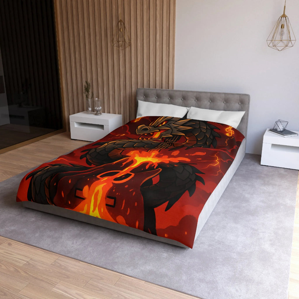 Housse de couette avec dragon noir majestueux et flammes incandescentes, ambiance épique