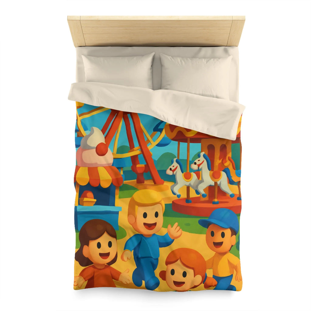 Housse de couette joyeuse avec motifs de fête foraine colorée et enfants souriants
