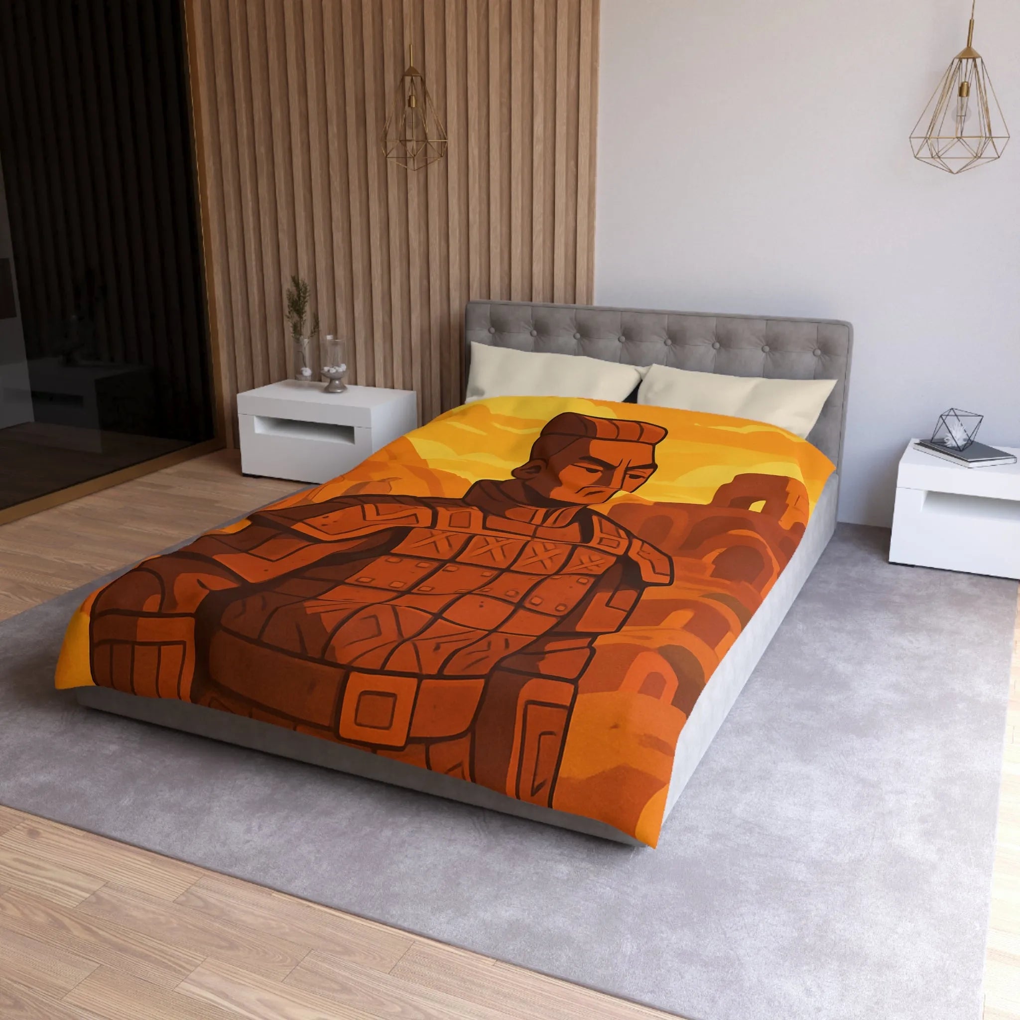 Housse de couette inspirée des guerriers antiques dans un style artistique épuré et vibrant