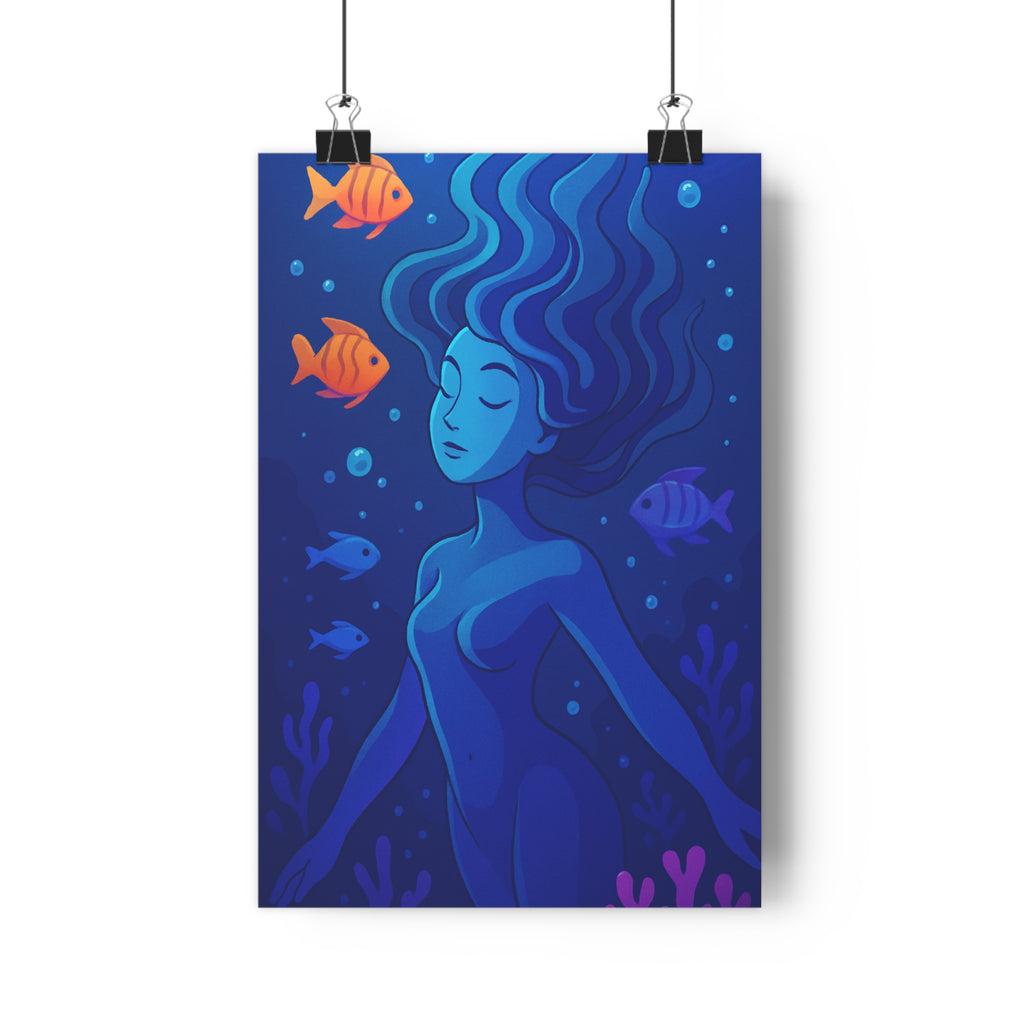 Poster décoratif impressionniste aquatique bleu orange violet femme flotte poissons paisible serein chambre salon