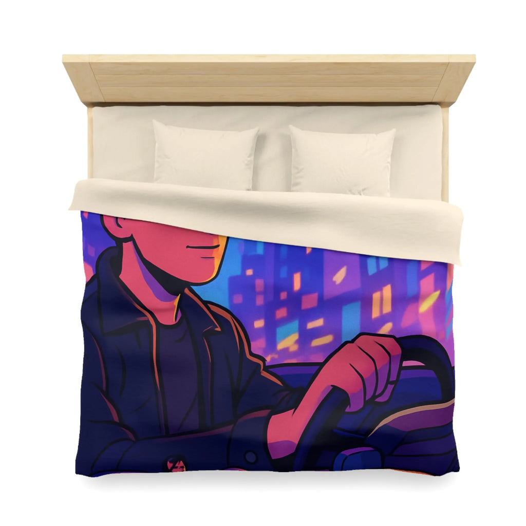 Housse de couette avec illustration rétro taxi urbain style néon pour chambre moderne