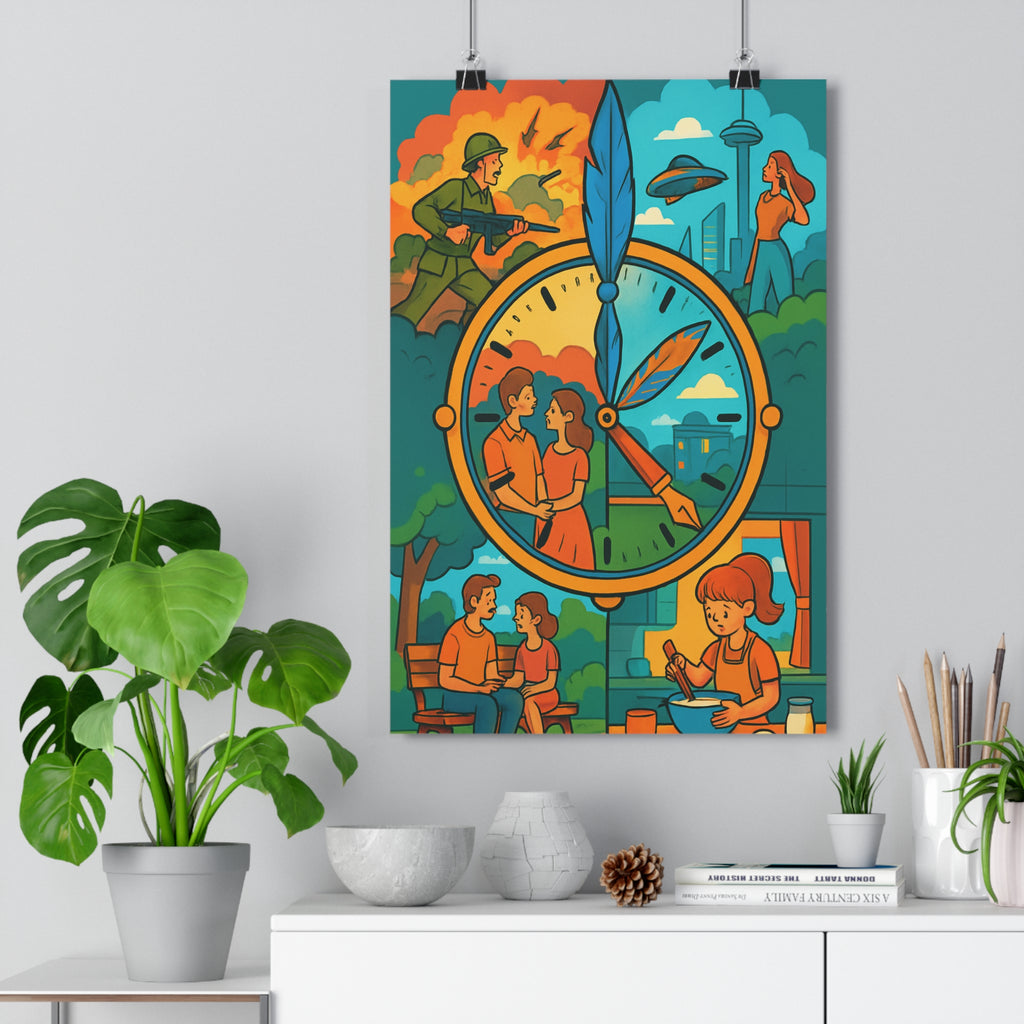 Poster décoratif poétique illustré orange bleu vert mystérieux salon chambre bureau contemporain unique fascinant