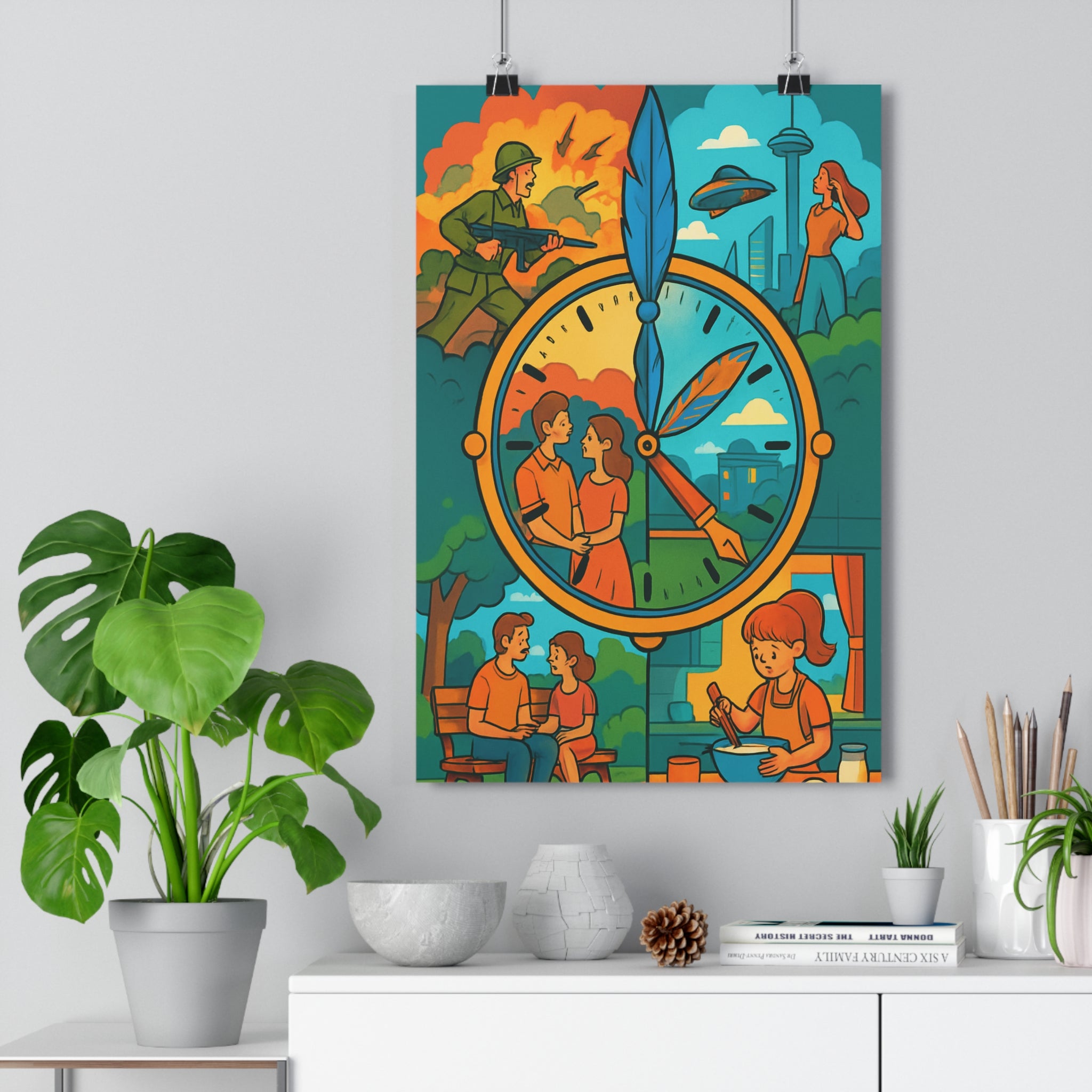 Poster décoratif poétique illustré orange bleu vert mystérieux salon chambre bureau contemporain unique fascinant