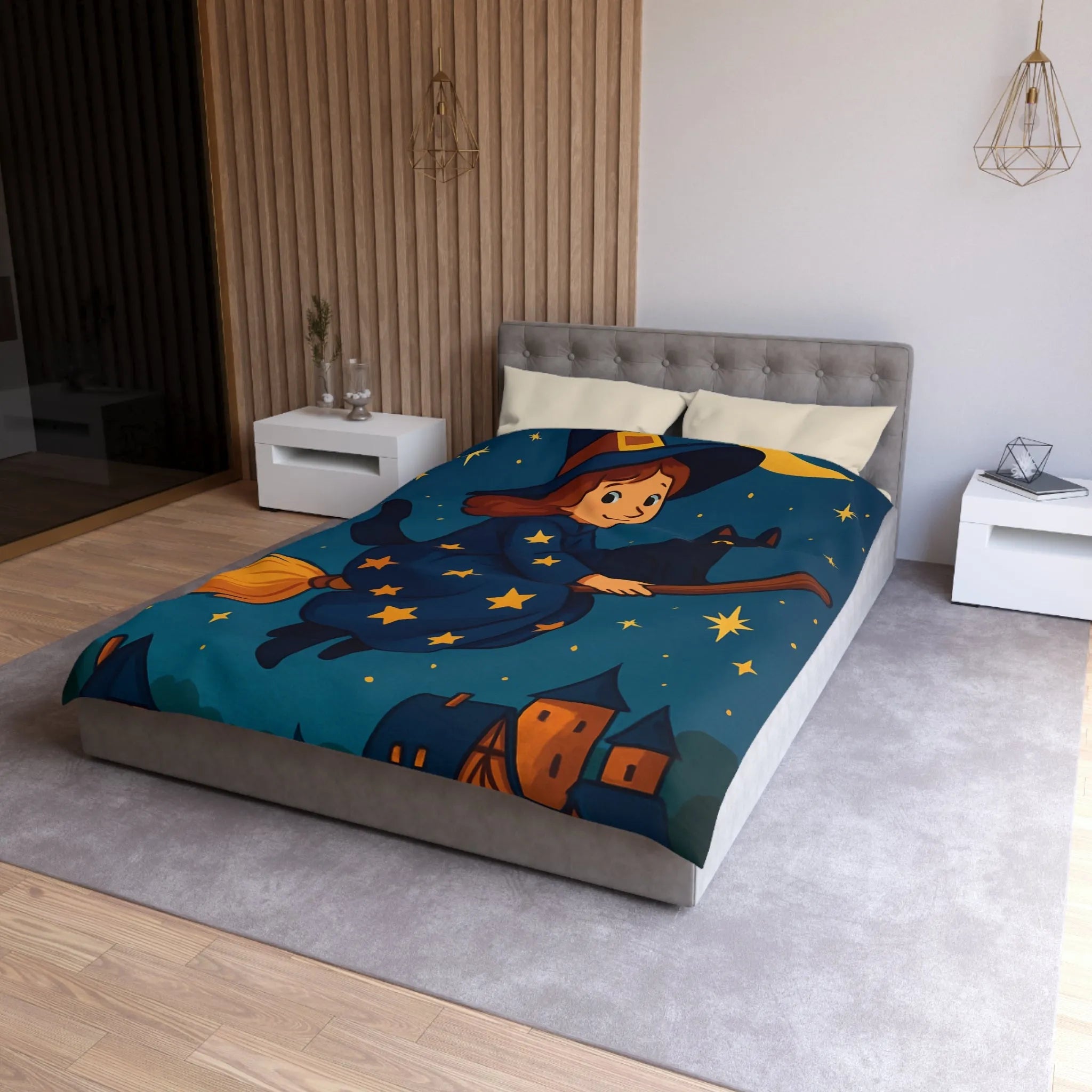 Housse de Couette Enfant Fantaisie Sorcière et Chat Noir sur Balai Nocturne