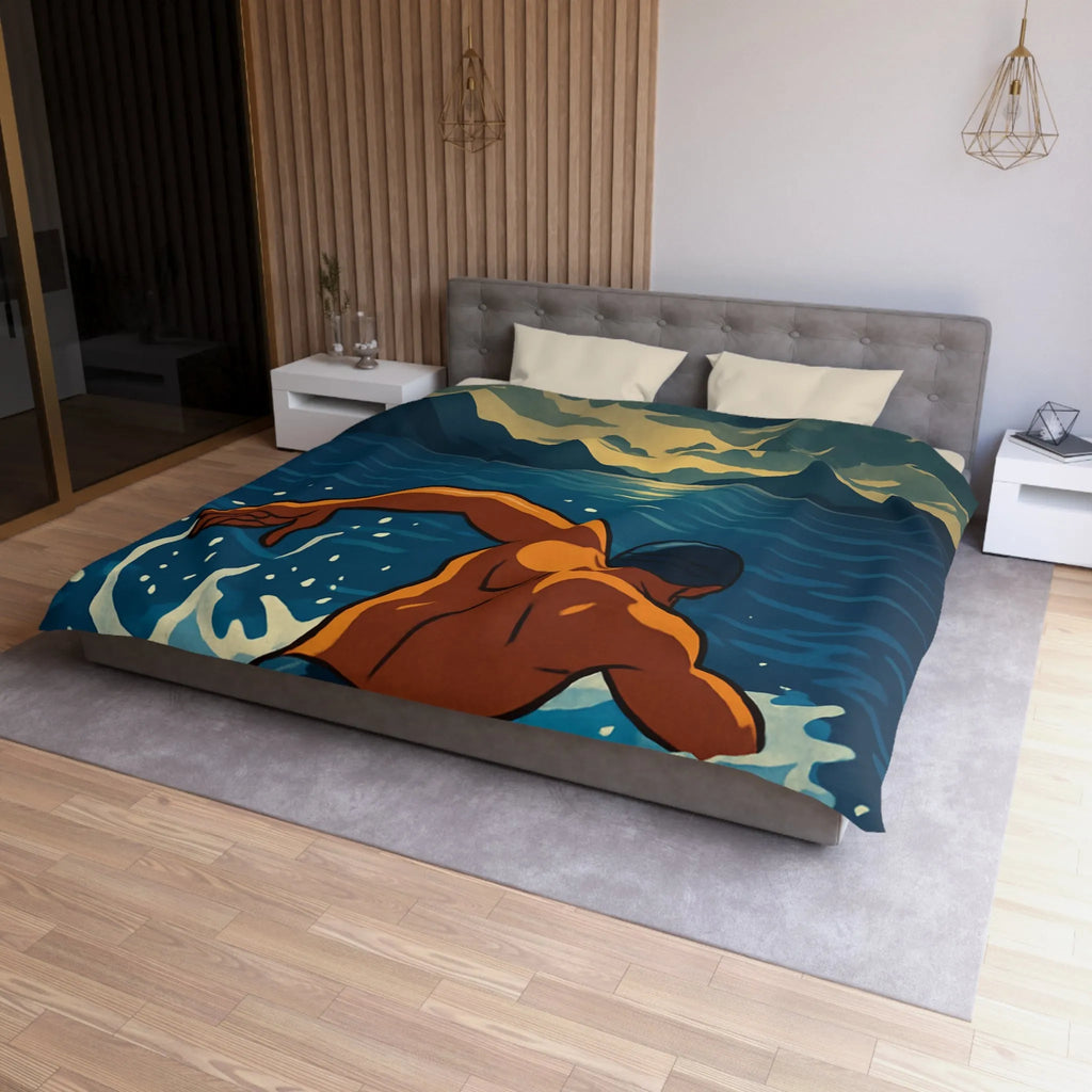 Housse de Couette avec Nageur Solitaire au Clair de Lune sur Océan Étincelant