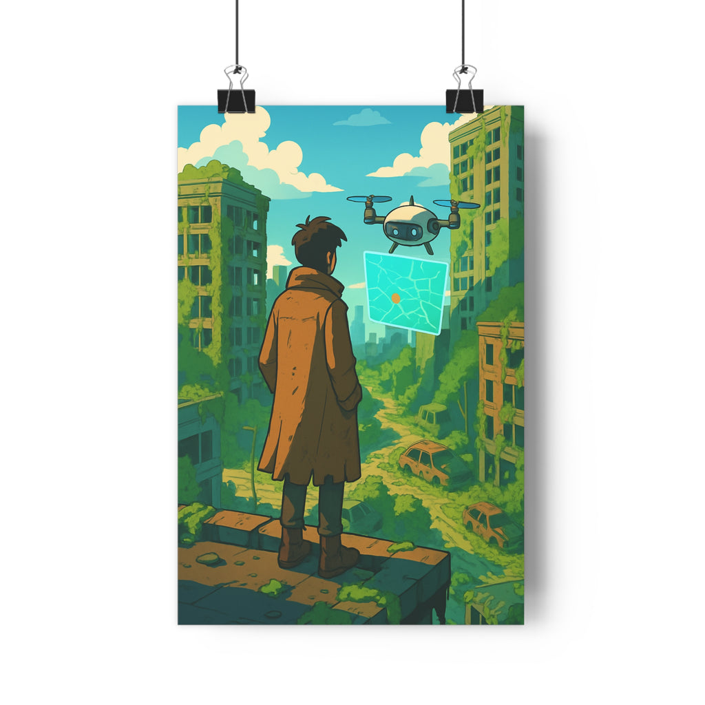 Poster décoratif aventure postapocalyptique personnage drone ville ruines végétation cartoon couleurs vives bureau chambre