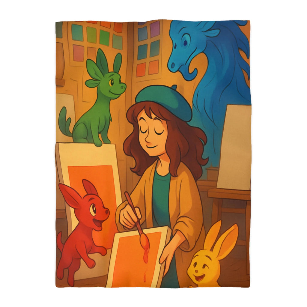 Housse de couette colorée avec artiste et animaux en studio d'art lumineux