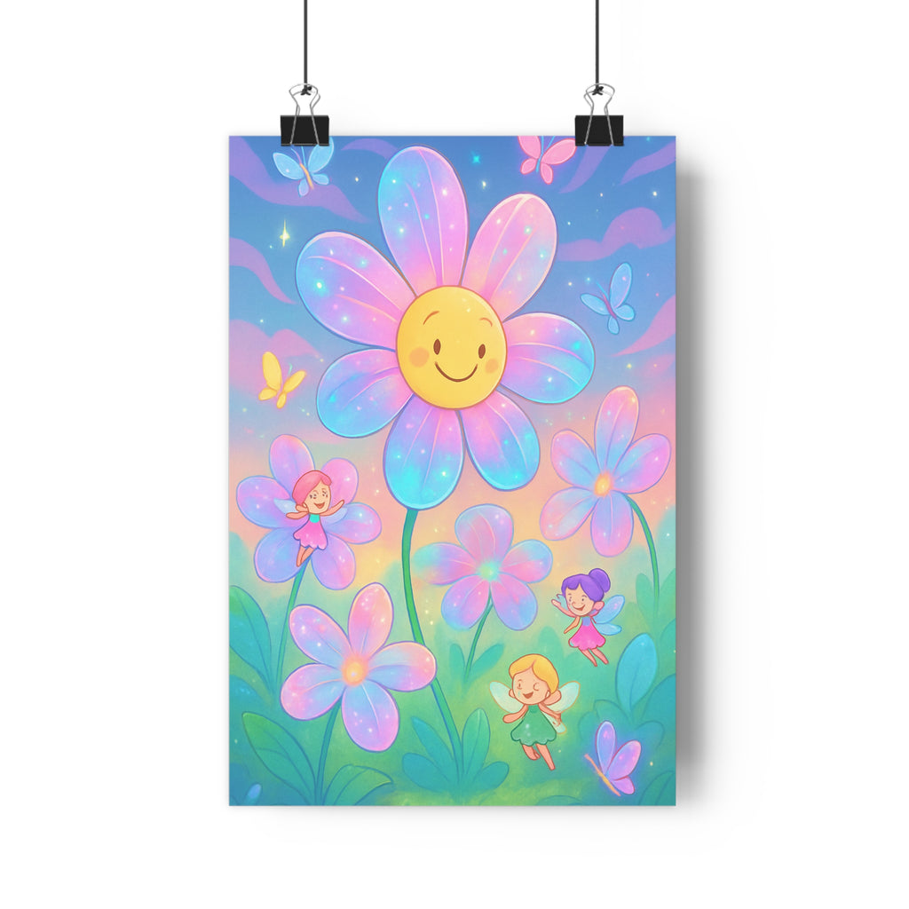 Poster décoratif féerique violet rose cartoon magique joyeux chambre enfant fleur papillons fées rêve