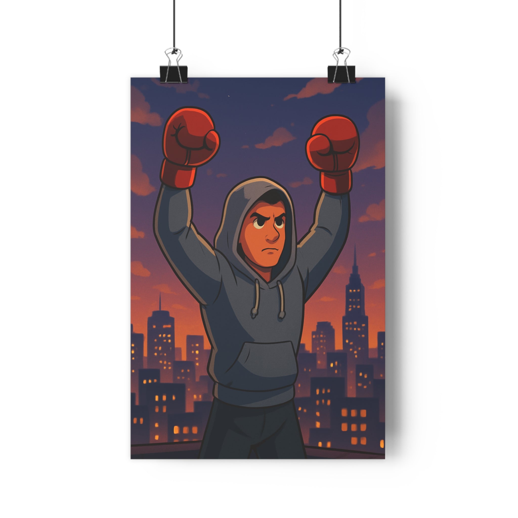Poster décoratif boxe crépuscule ville orange violet cartoon dynamique chambre sport inspirant 30x46 qualité