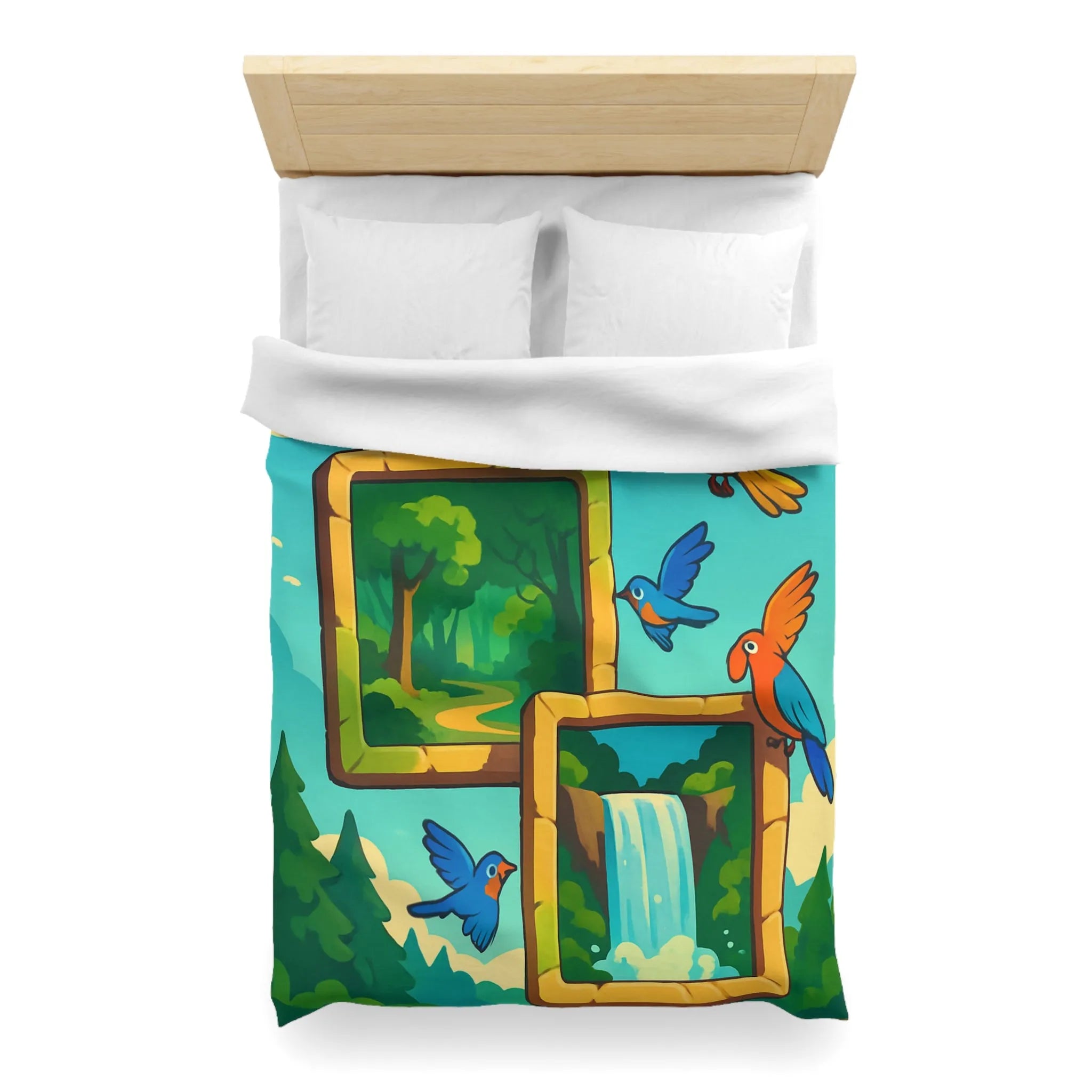 Housse de couette colorée avec oiseaux et scènes de nature paisible et dynamique