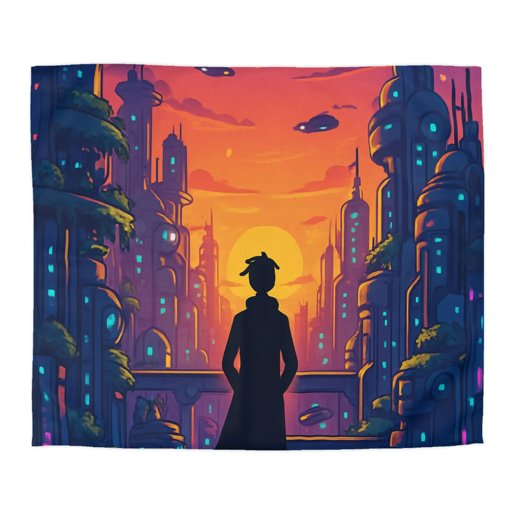 Housse de Couette Futuriste avec Paysage Urbain et Ciel Étoilé Orange et Bleu