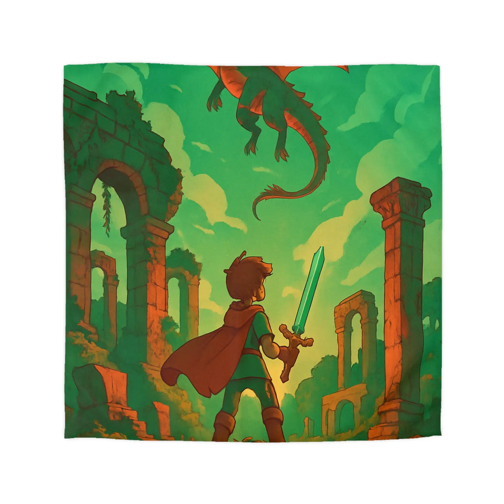 Housse de couette avec chevalier brave et dragon volant dans ruines anciennes