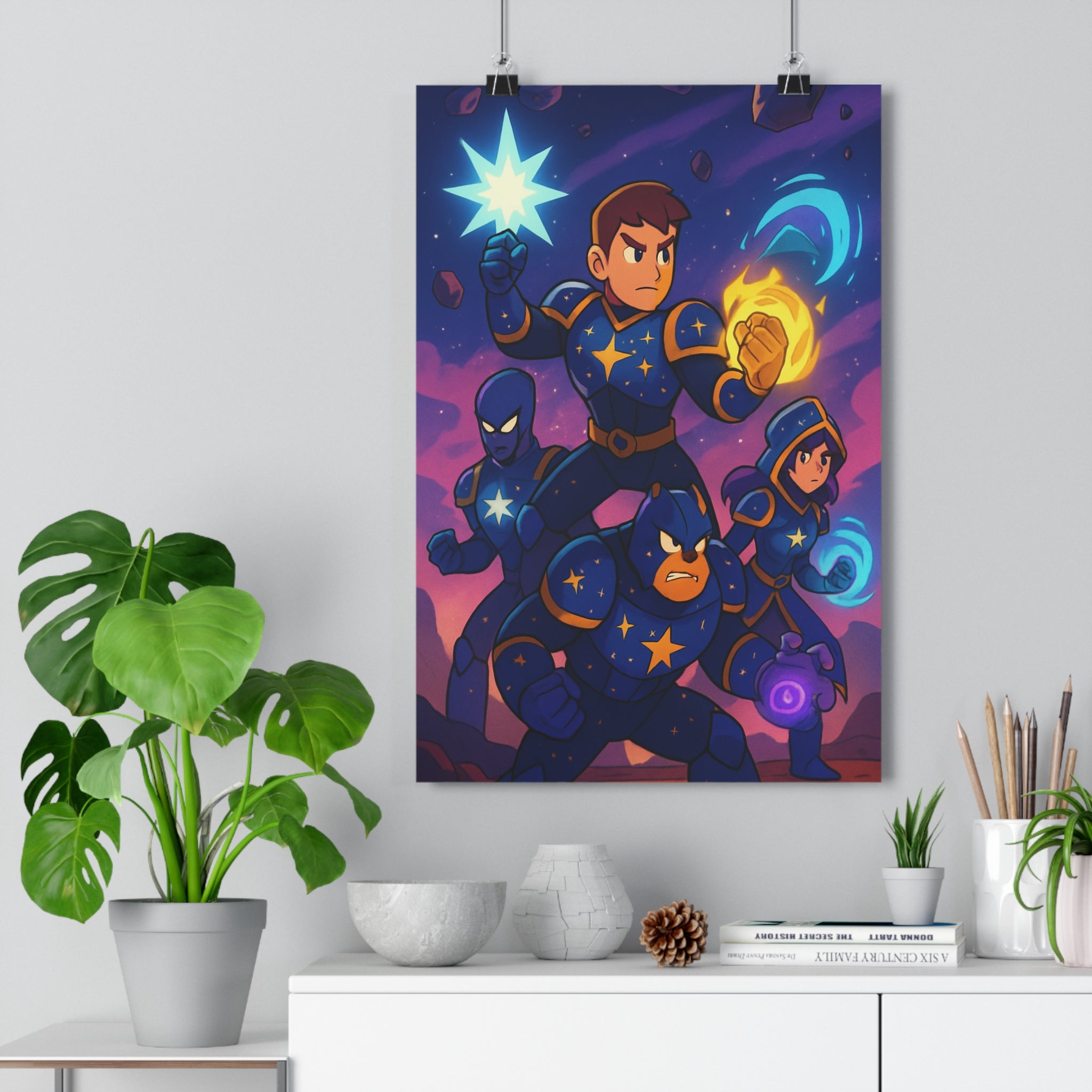 Poster décoratif futuriste bleu violet jaune aventure sciencefiction chambre héros aura dynamique animé qualité